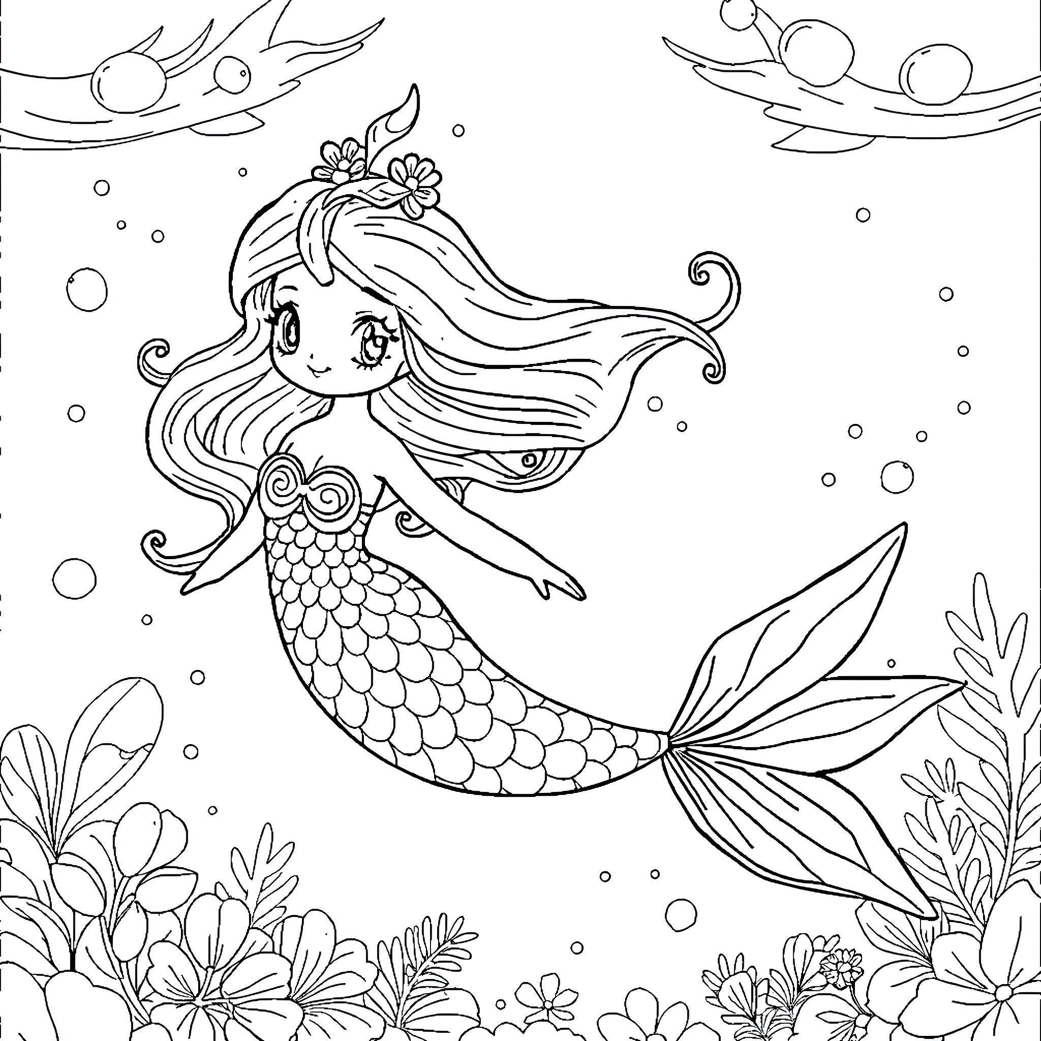 Mermaid swimming gracefully in the underwater garden Coloring Page (free black-and-white line drawing printable PDF for all, from beginners to advanced learners, including children, teens, adults, and seniors)