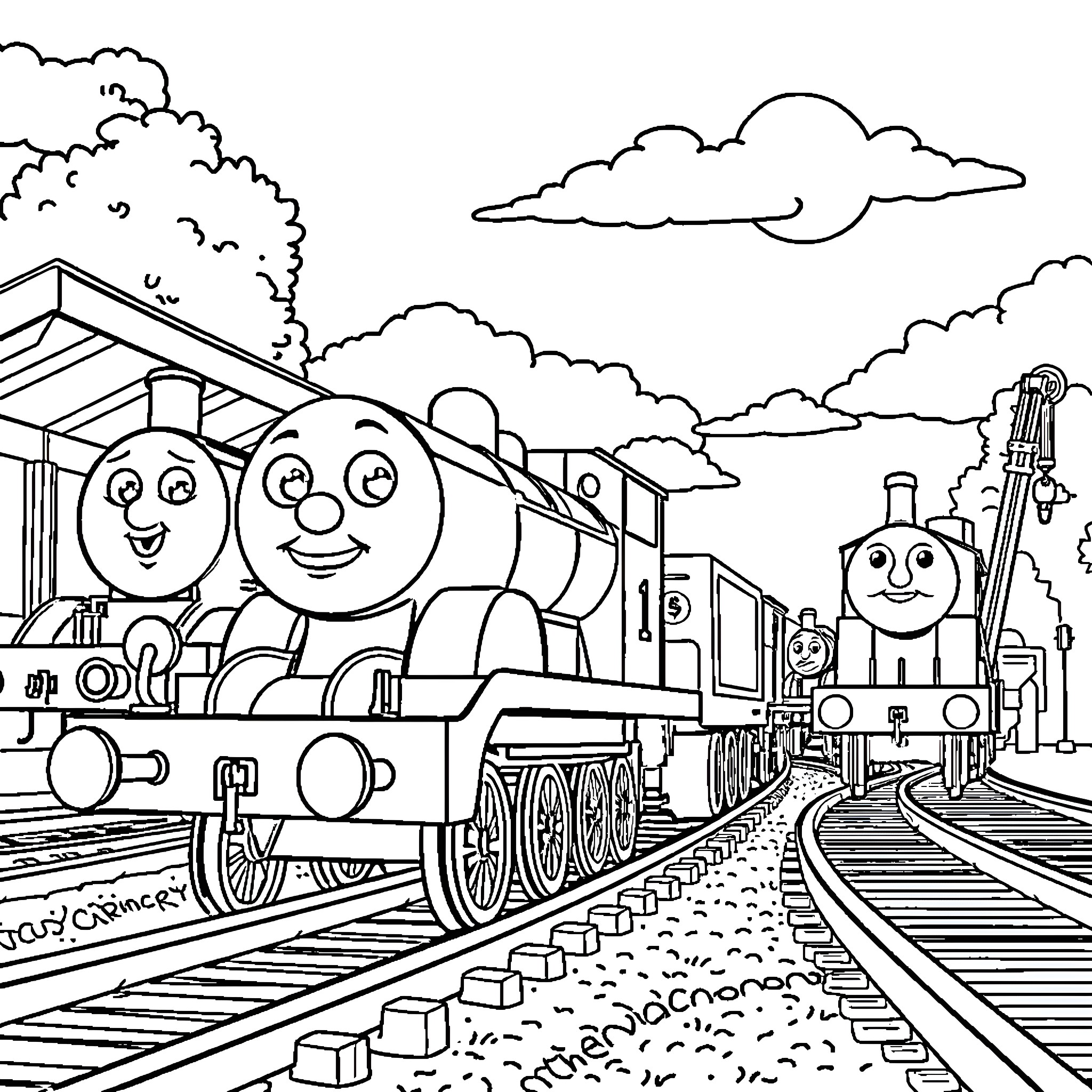 Thomas and Friends on the Railway Adventure Coloring Page (free black-and-white line drawing printable PDF for all, from beginners to advanced learners, including children, teens, adults, and seniors)
