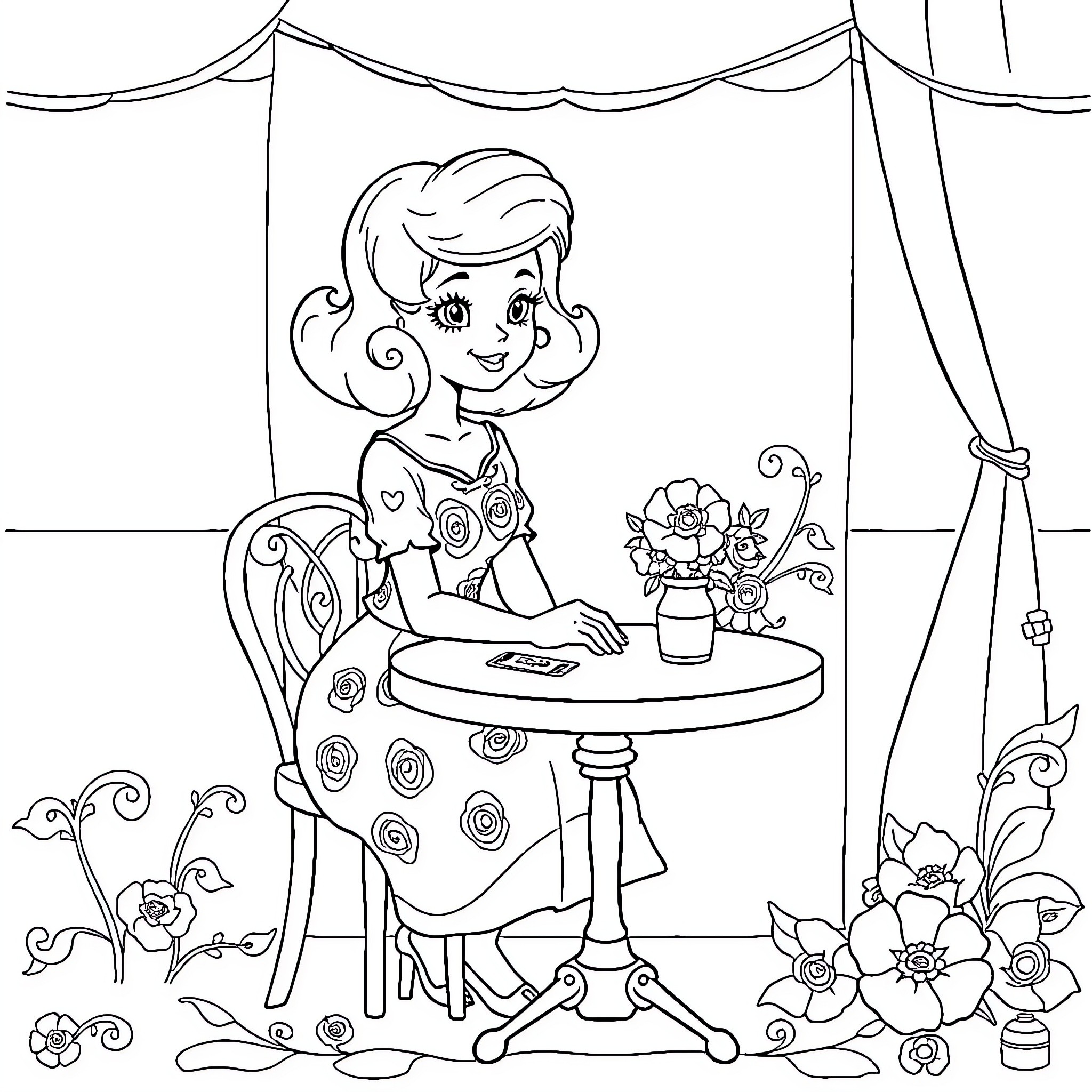 Snow White sitting at table with flowers Coloring Page (free black-and-white line drawing printable PDF for all, from beginners to advanced learners, including children, teens, adults, and seniors)