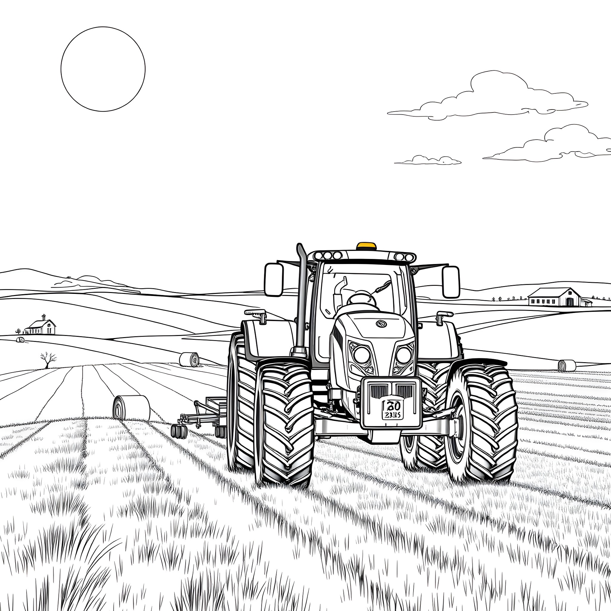 Tractor working in the rural field Coloring Page (free black-and-white line drawing printable PDF for all, from beginners to advanced learners, including children, teens, adults, and seniors)