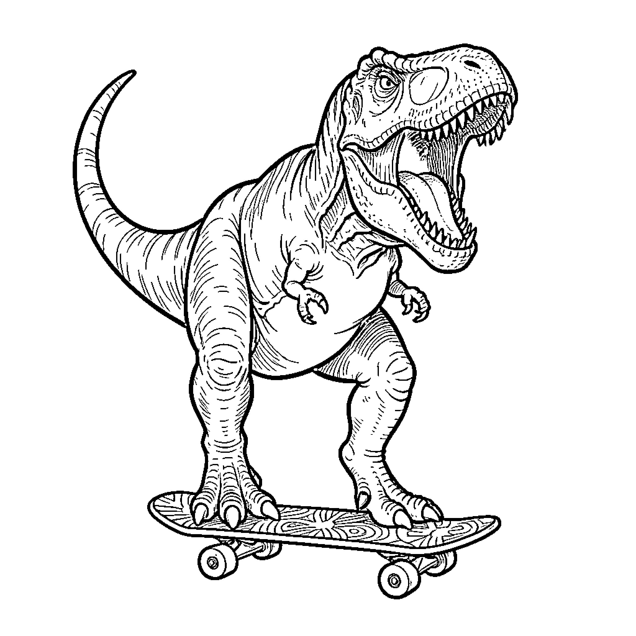 Tyrannosaurus Rex riding a skateboard Coloring Page (free black-and-white line drawing printable PDF for all, from beginners to advanced learners, including children, teens, adults, and seniors)