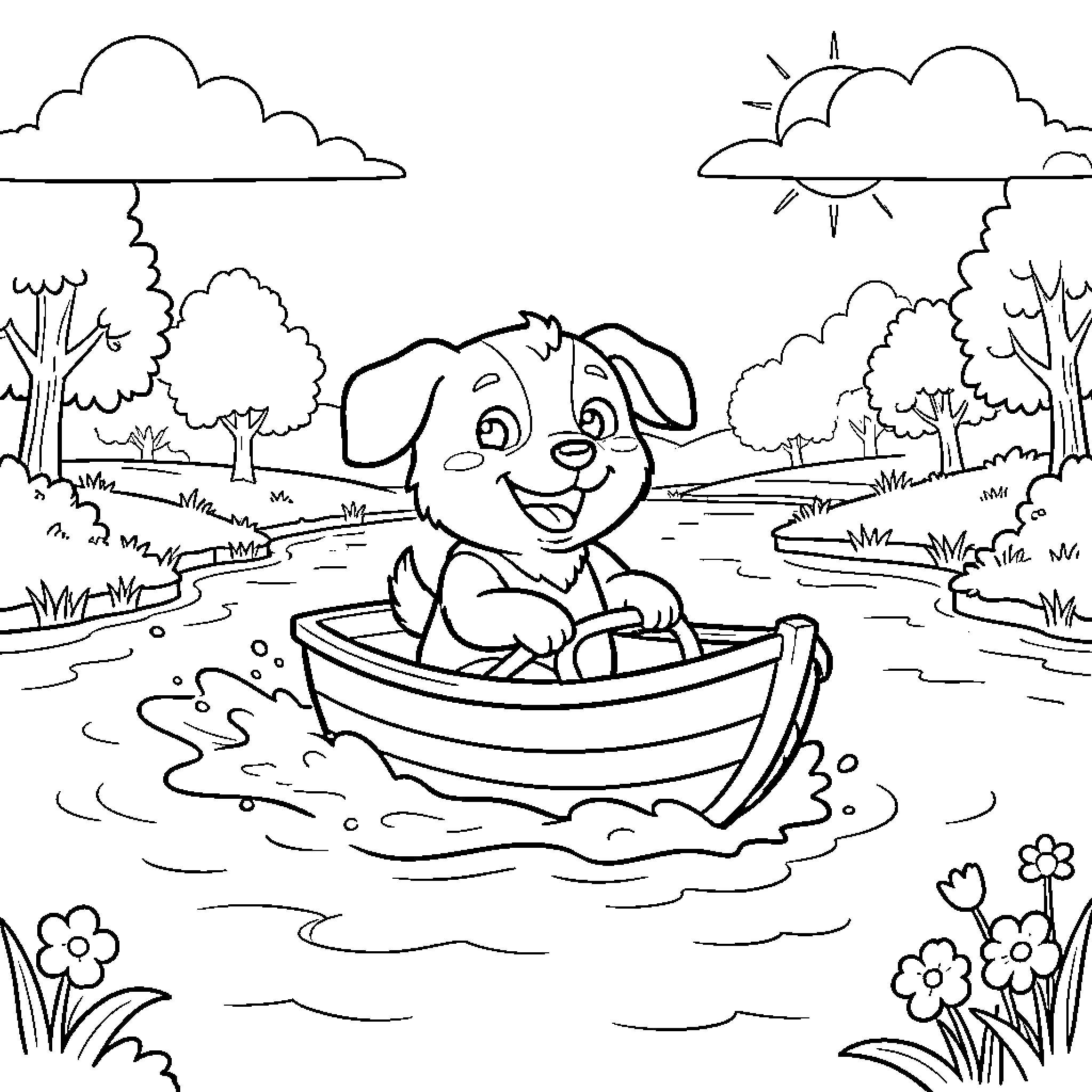 Dog sailing happily in a boat on the lake Coloring Page (free black-and-white line drawing printable PDF for all, from beginners to advanced learners, including children, teens, adults, and seniors)
