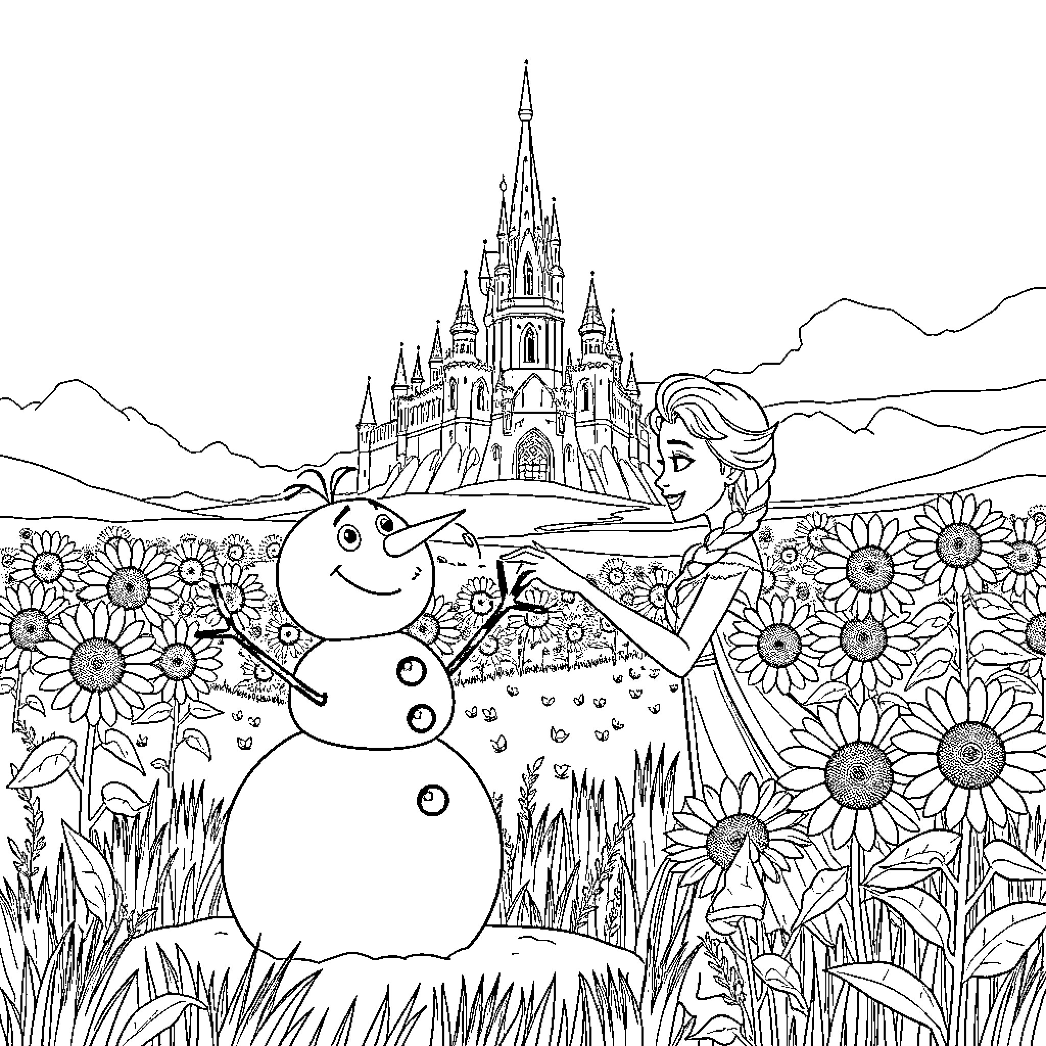Elsa playing with Olaf in the sunflower field near the castle Coloring Page (free black-and-white line drawing printable PDF for all, from beginners to advanced learners, including children, teens, adults, and seniors)