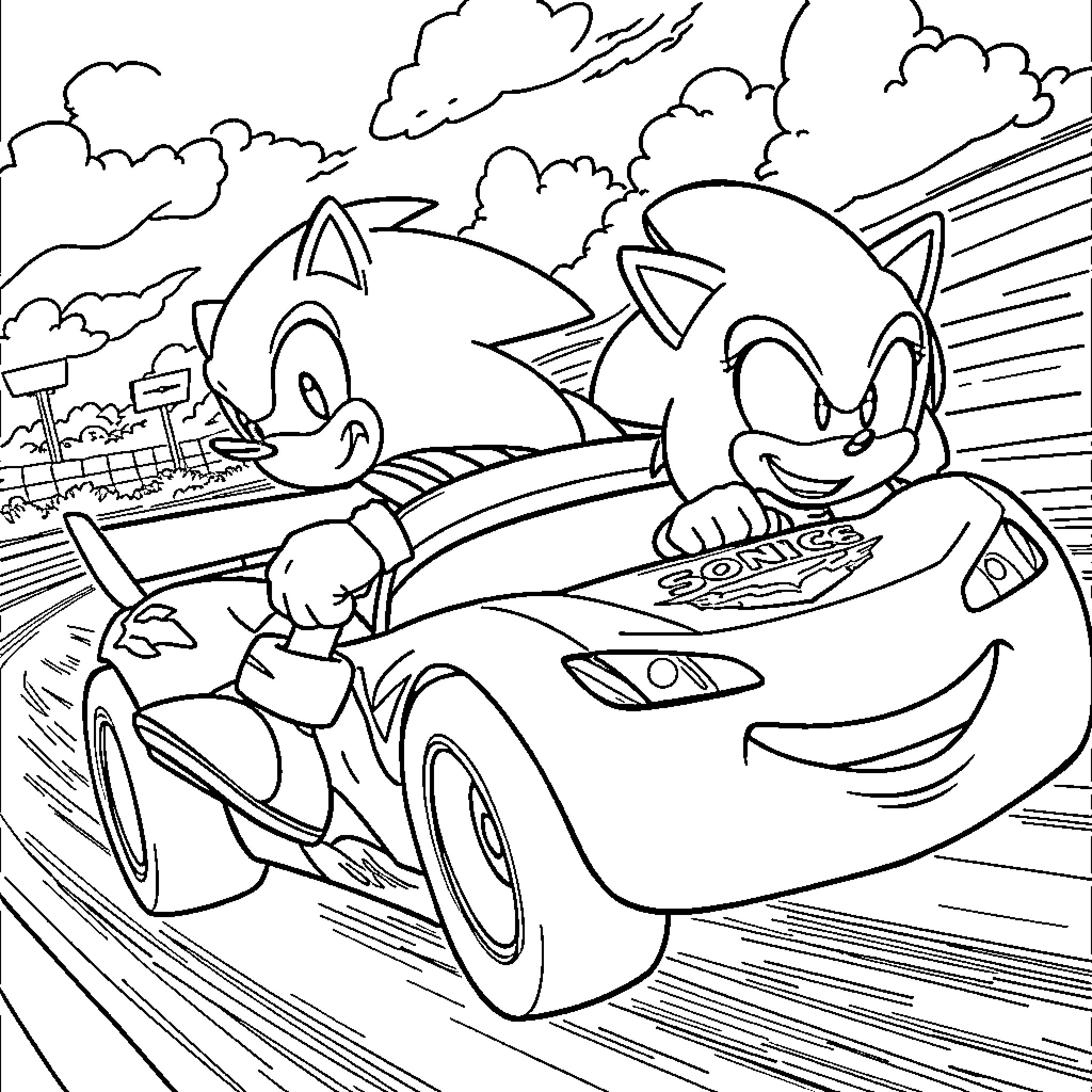 Sonic characters racing in high-speed adventure Coloring Page (free black-and-white line drawing printable PDF for all, from beginners to advanced learners, including children, teens, adults, and seniors)