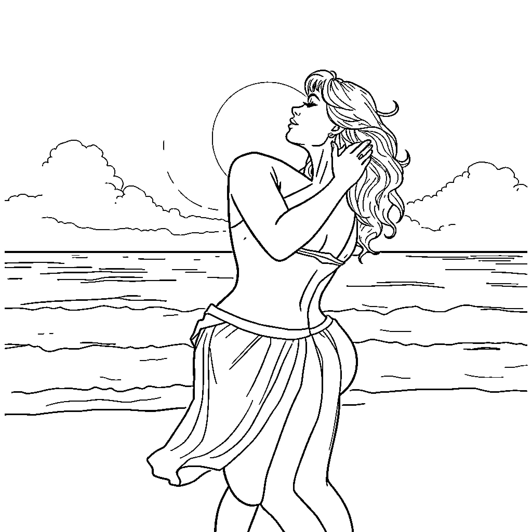 Woman embracing the moonlight by the shore Coloring Page (free black-and-white line drawing printable PDF for all, from beginners to advanced learners, including children, teens, adults, and seniors)