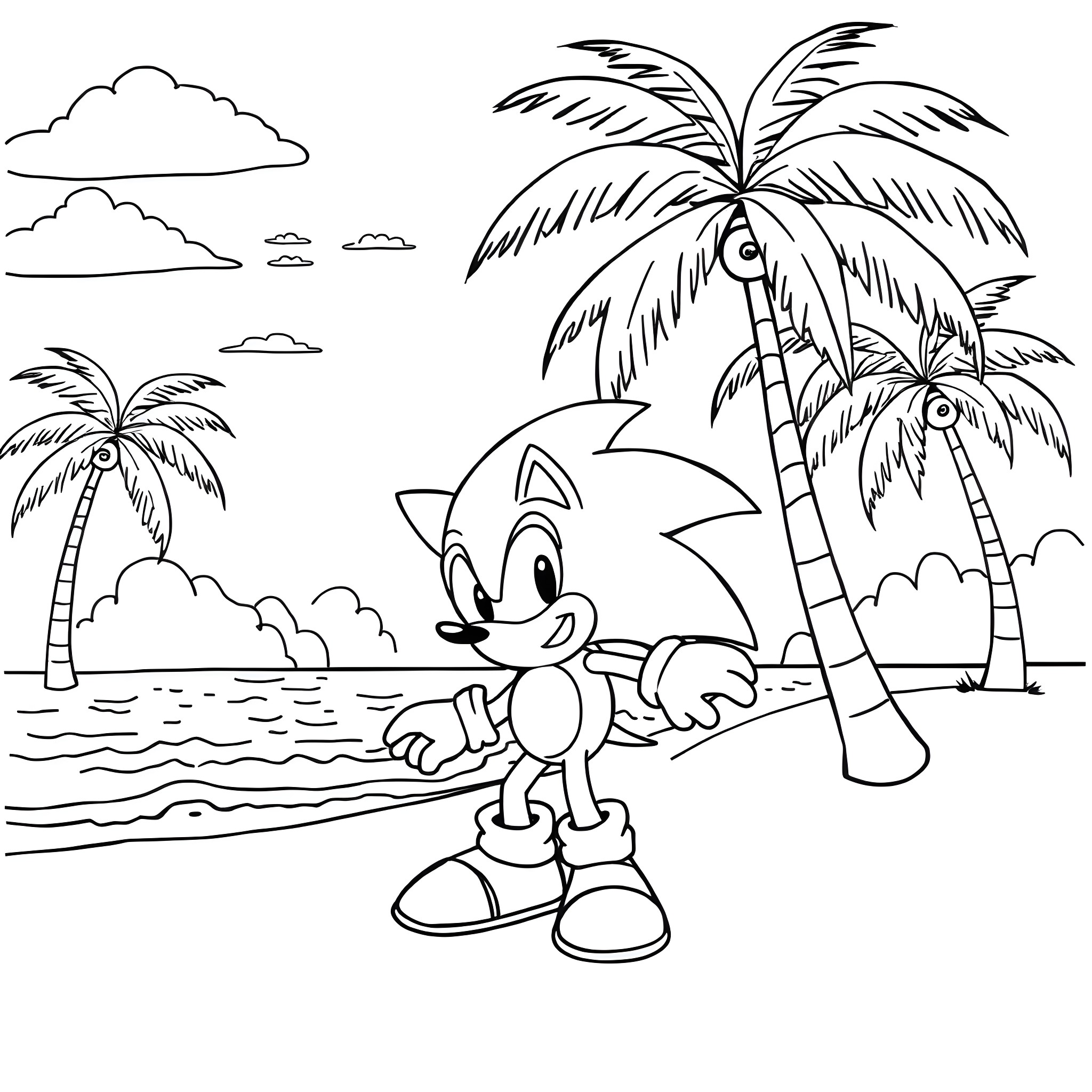 Sonic enjoying the tropical beach scenery Coloring Page (free black-and-white line drawing printable PDF for all, from beginners to advanced learners, including children, teens, adults, and seniors)