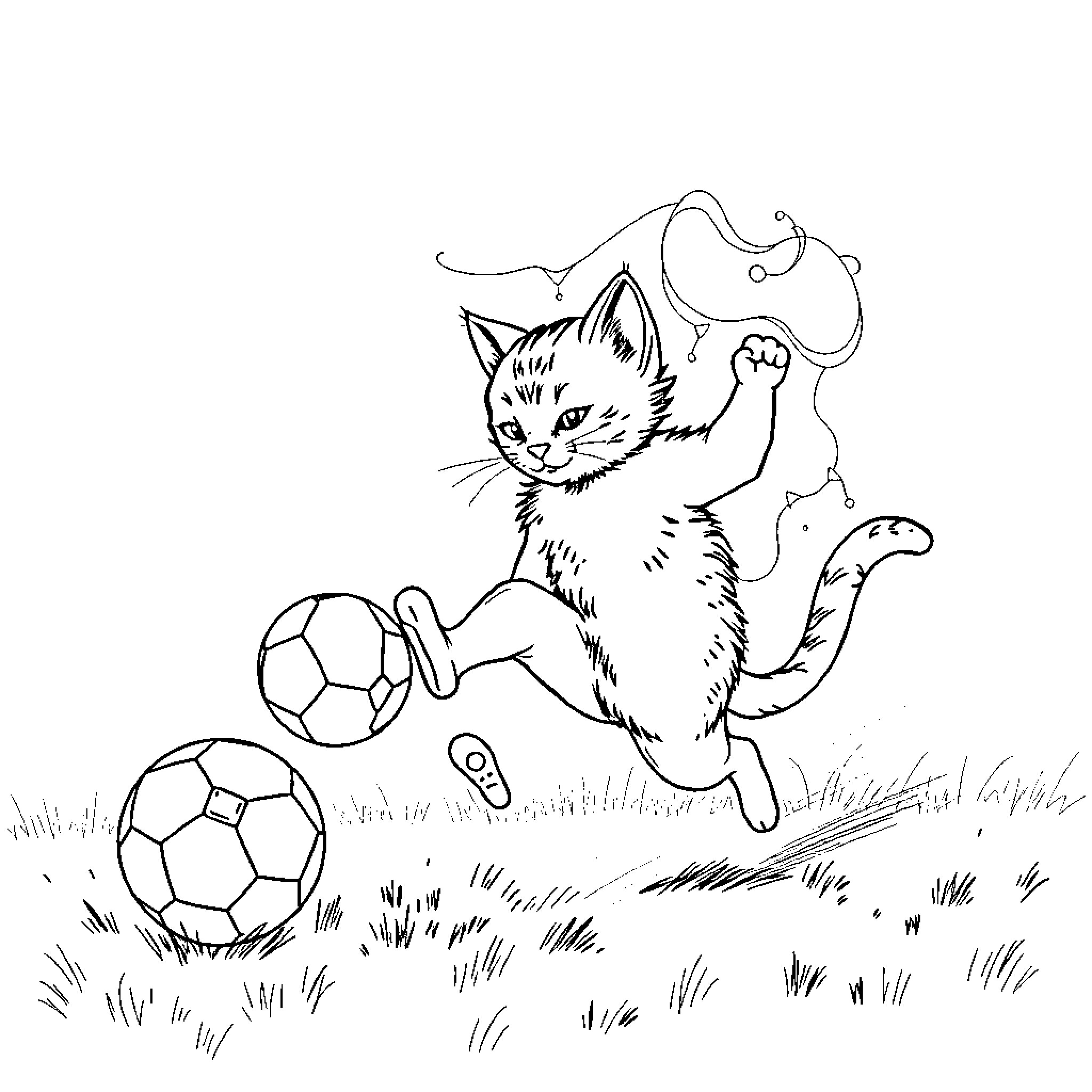 Gato chasing playfully with soccer balls Coloring Page (free black-and-white line drawing printable PDF for all, from beginners to advanced learners, including children, teens, adults, and seniors)