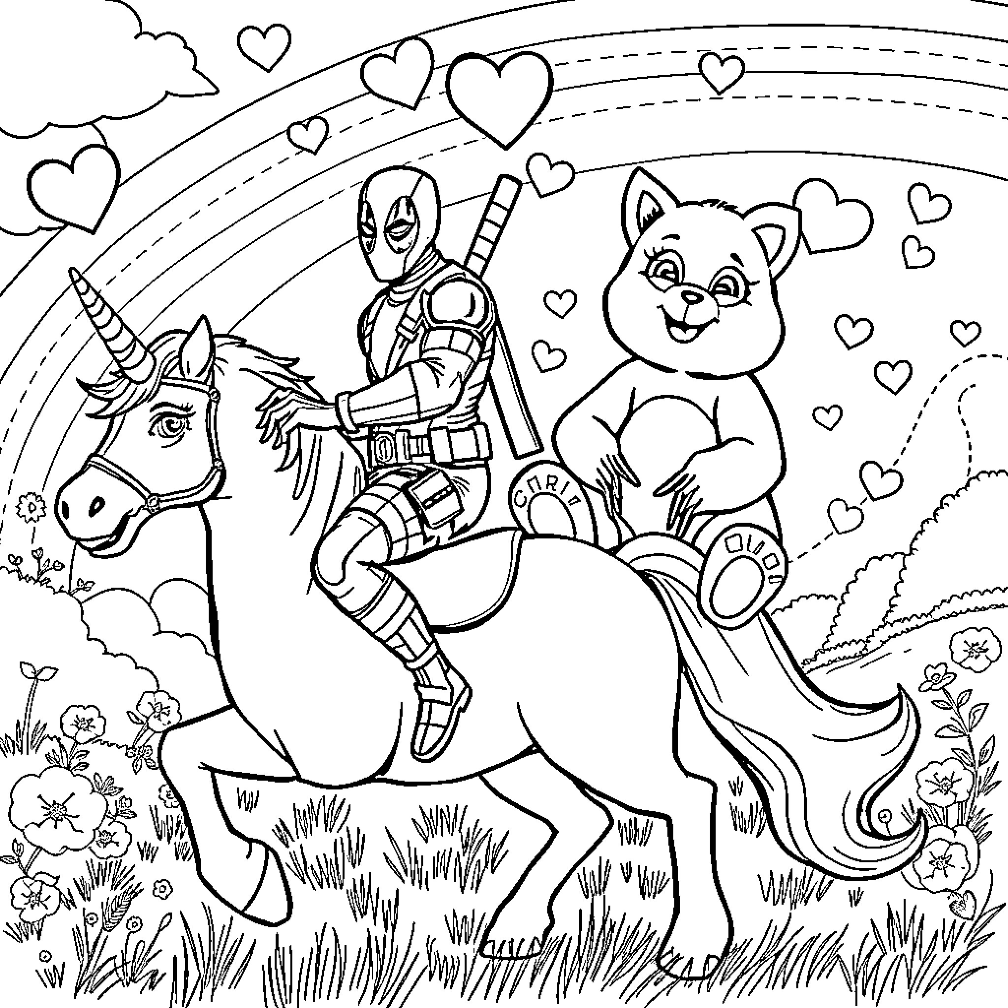 Deadpool's Whimsical Adventure on a Magical Unicorn Coloring Page (free black-and-white line drawing printable PDF for all, from beginners to advanced learners, including children, teens, adults, and seniors)