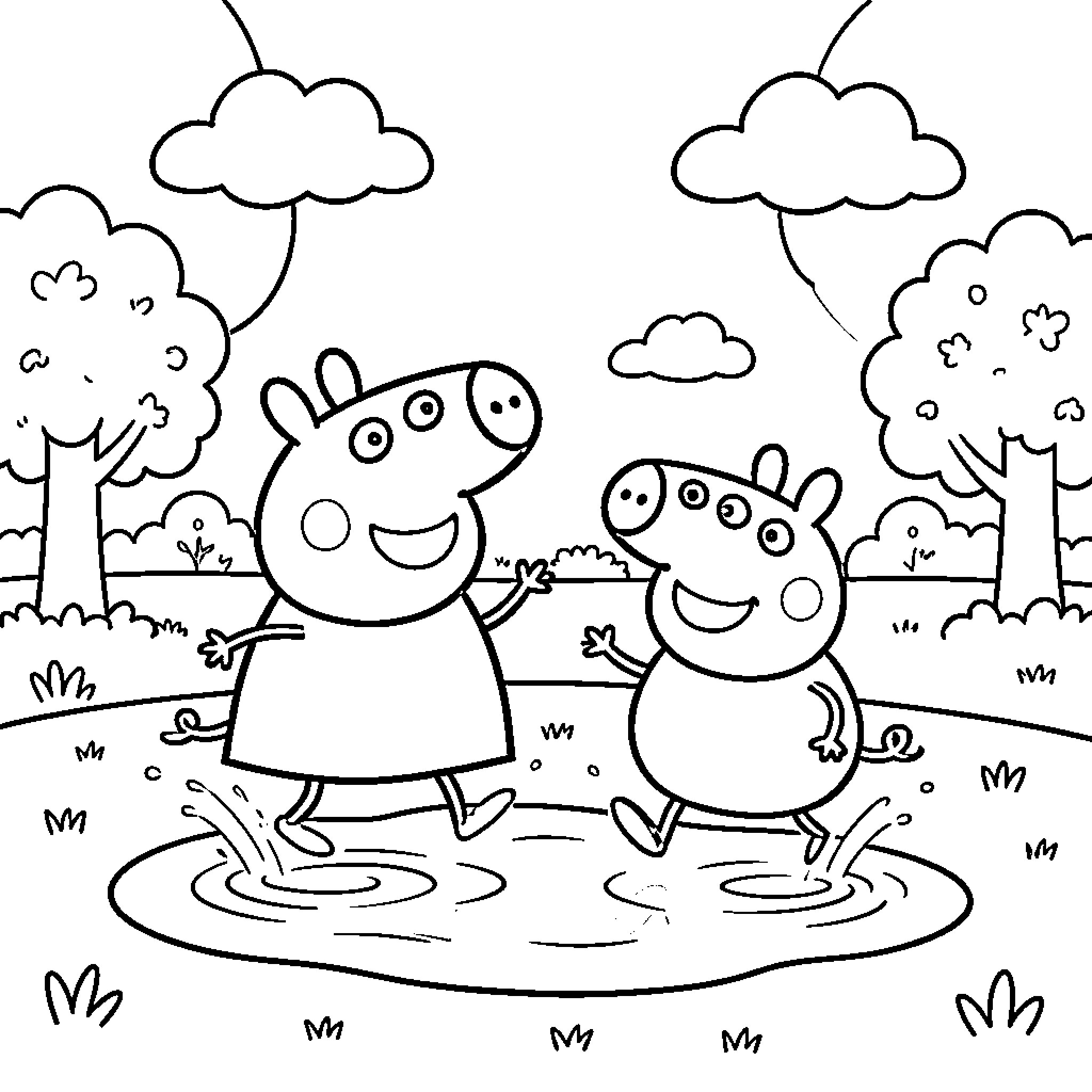 Peppa Pig and friends playing in the park Coloring Page (free black-and-white line drawing printable PDF for all, from beginners to advanced learners, including children, teens, adults, and seniors)