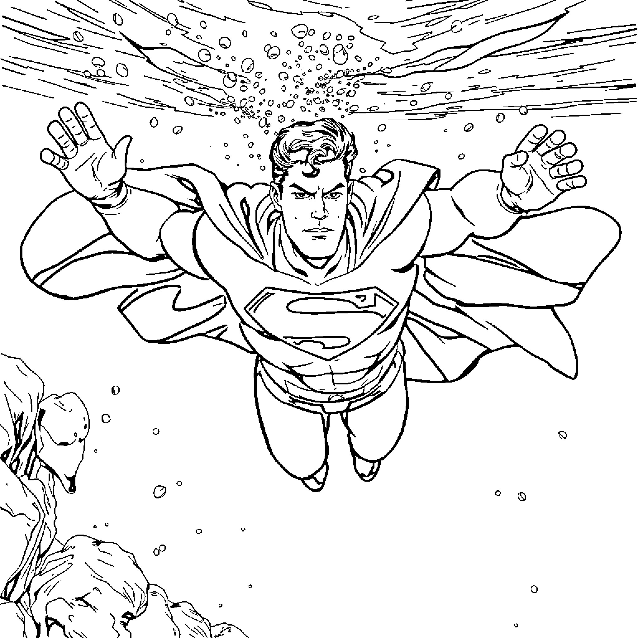 Superman soaring through the air with determination Coloring Page (free black-and-white line drawing printable PDF for all, from beginners to advanced learners, including children, teens, adults, and seniors)