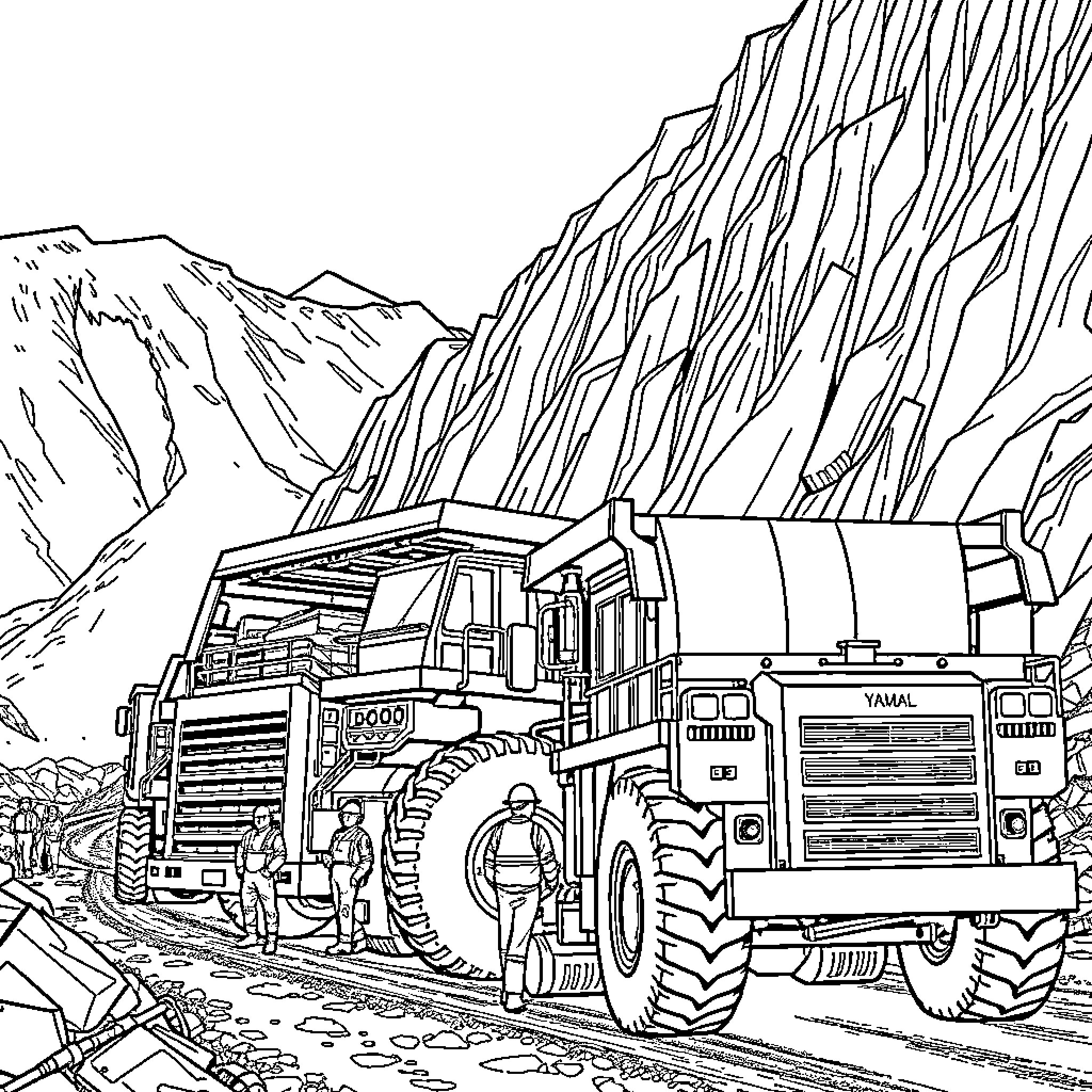 Yamal heavy equipment in remote arctic landscape Coloring Page (free black-and-white line drawing printable PDF for all, from beginners to advanced learners, including children, teens, adults, and seniors)