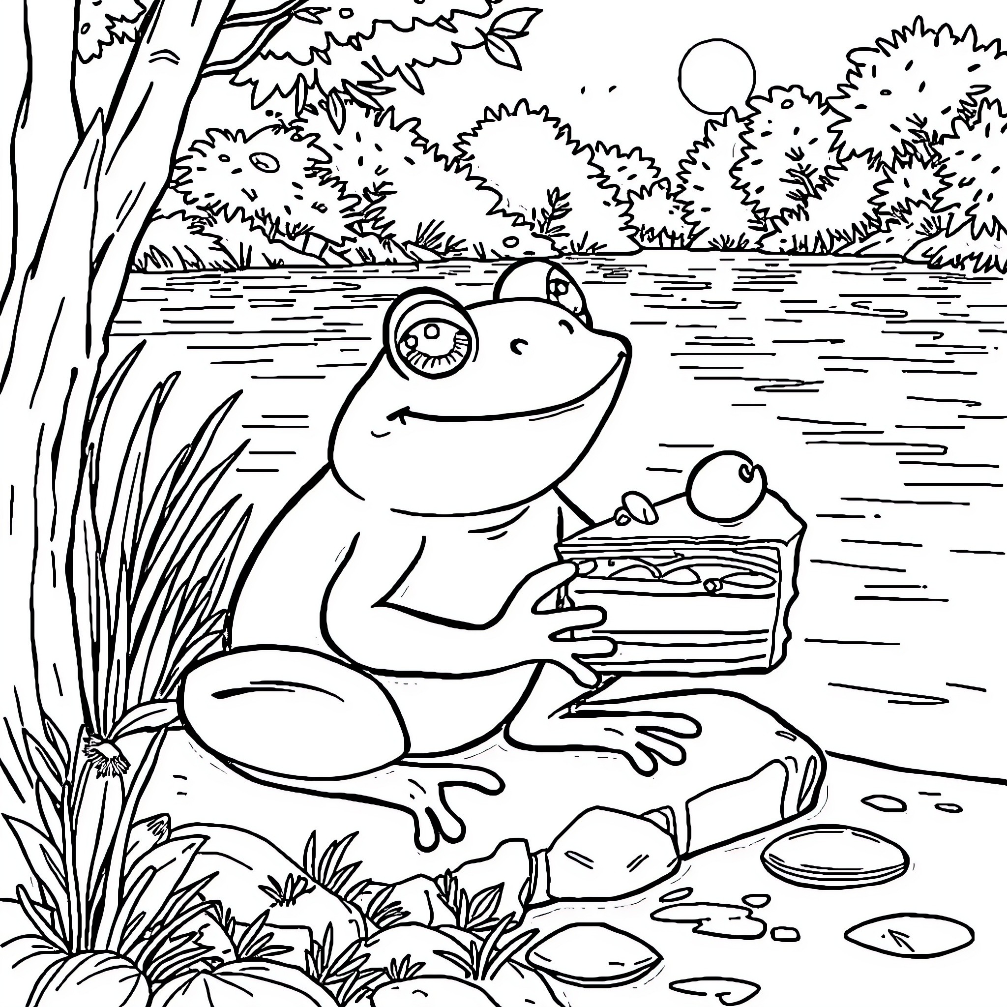 Frog enjoying a snack by the pond Coloring Page (free black-and-white line drawing printable PDF for all, from beginners to advanced learners, including children, teens, adults, and seniors)