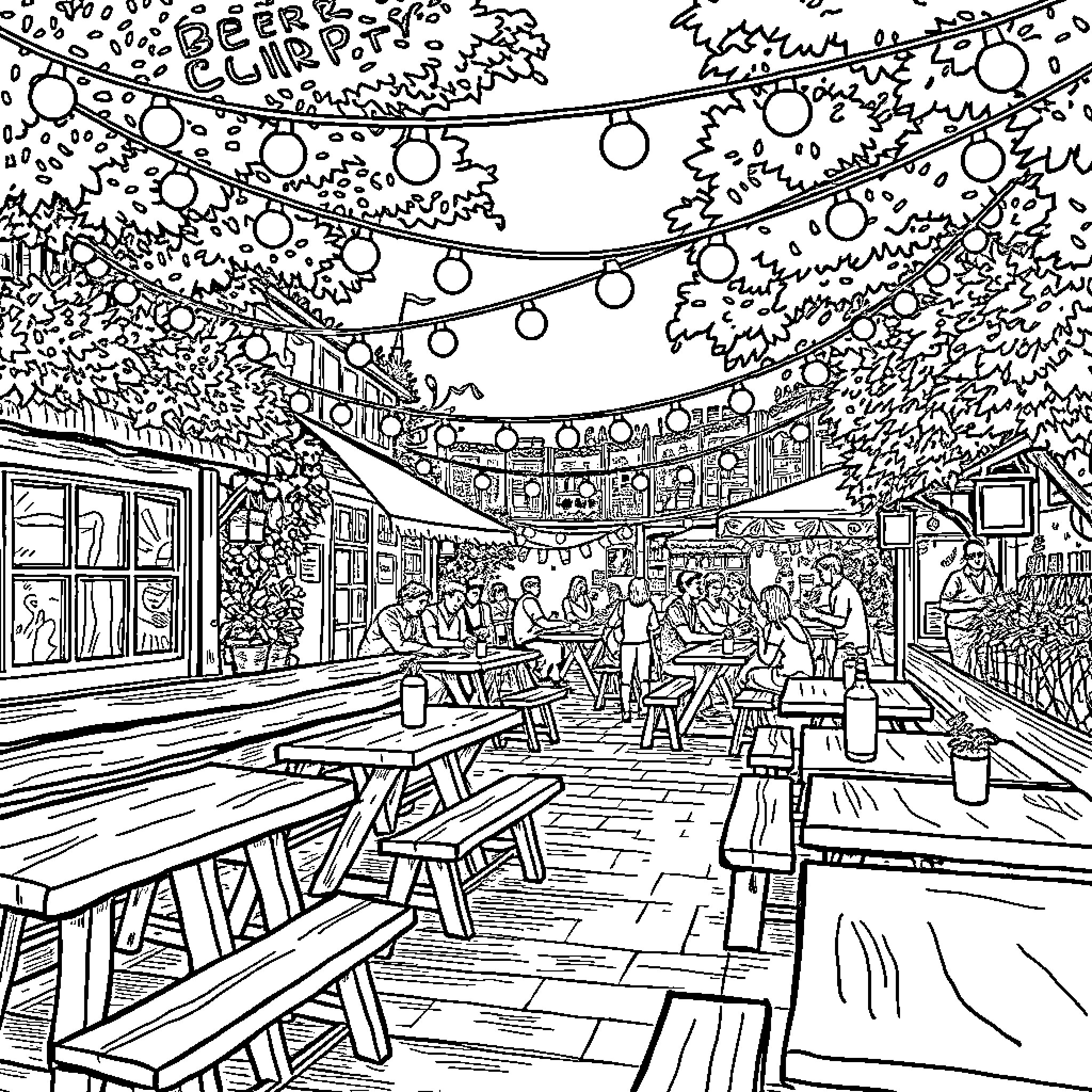 Beer Festival with Lively Atmosphere Coloring Page (free black-and-white line drawing printable PDF for all, from beginners to advanced learners, including children, teens, adults, and seniors)