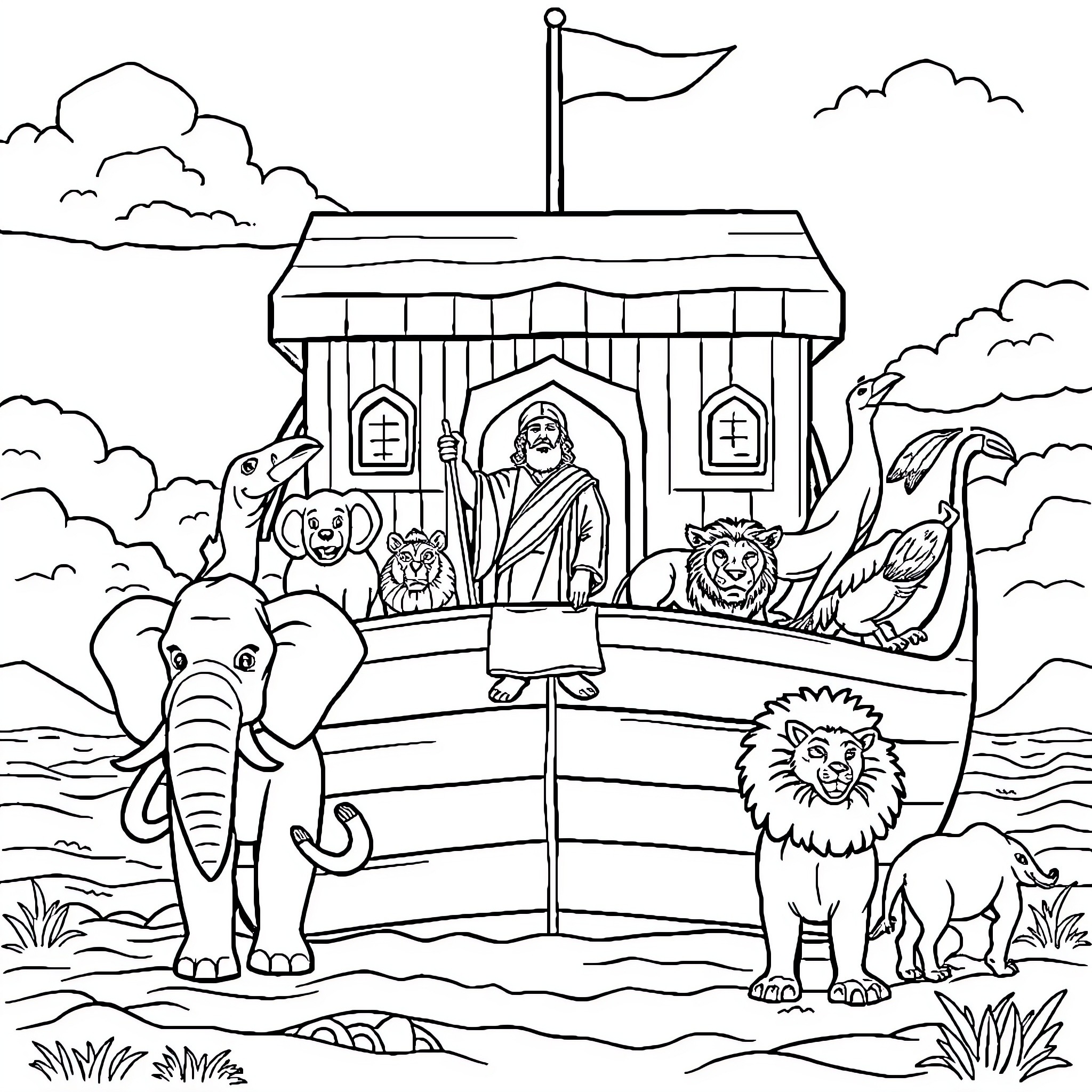 Noah's Ark with Animals and Creatures Coloring Page (free black-and-white line drawing printable PDF for all, from beginners to advanced learners, including children, teens, adults, and seniors)
