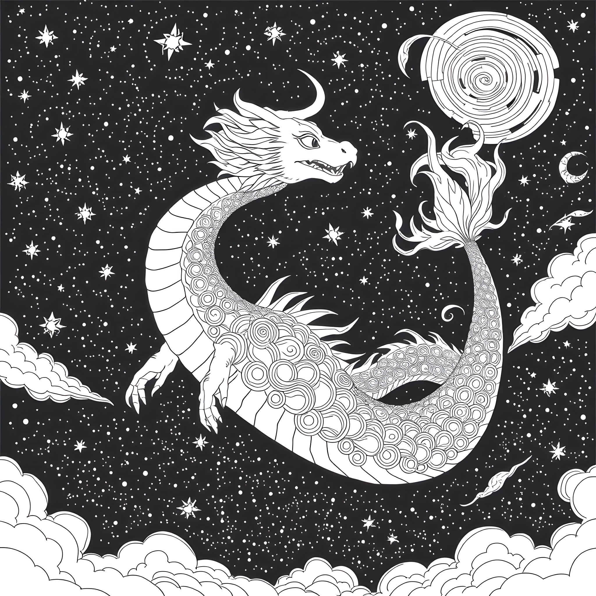 Snake-like Mythical Creature in Starry Celestial Scene Coloring Page (free black-and-white line drawing printable PDF for all, from beginners to advanced learners, including children, teens, adults, and seniors)