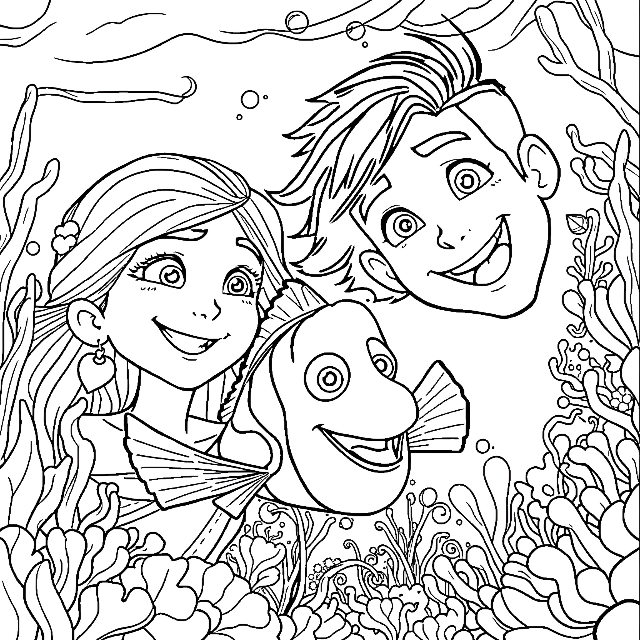 Ember Underwater Adventure with Friendly Fish Coloring Page (free black-and-white line drawing printable PDF for all, from beginners to advanced learners, including children, teens, adults, and seniors)