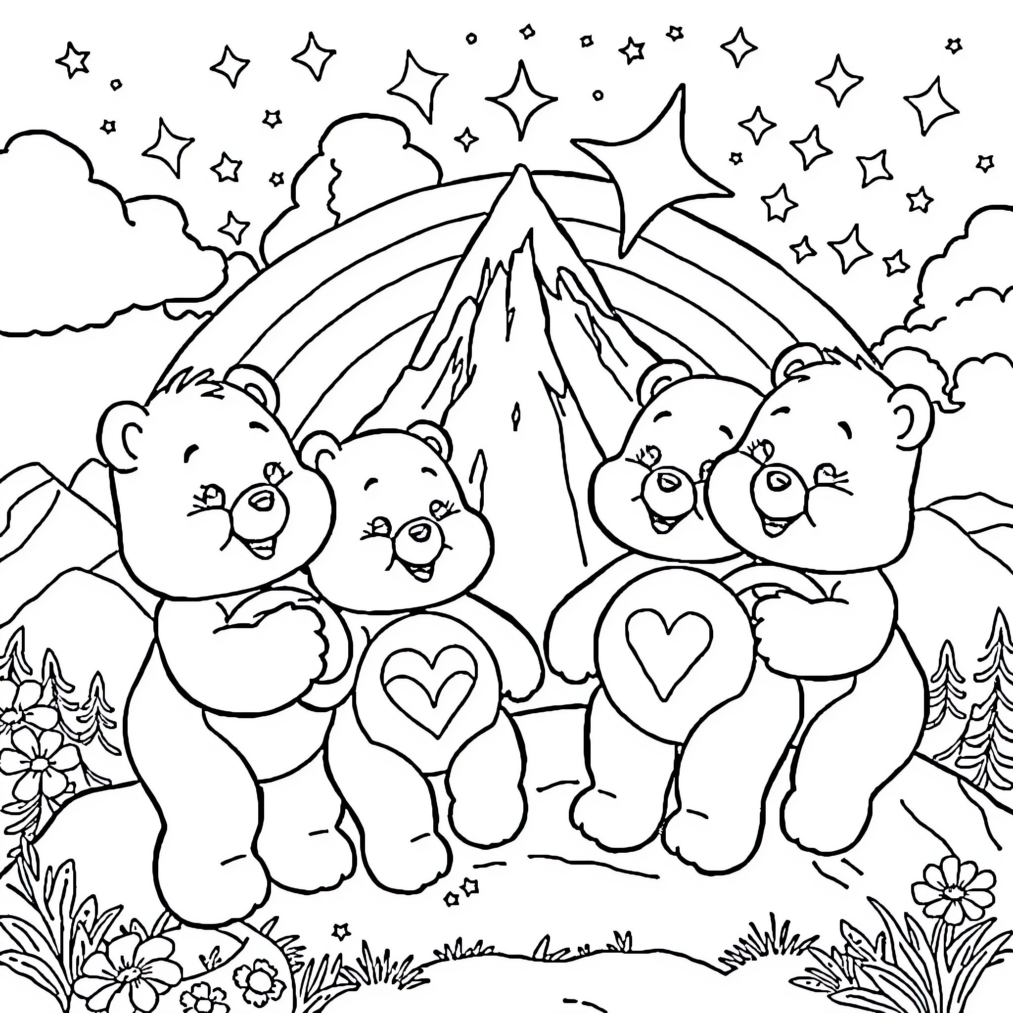 Carebear Friends Enjoying a Magical Landscape Coloring Page (free black-and-white line drawing printable PDF for all, from beginners to advanced learners, including children, teens, adults, and seniors)