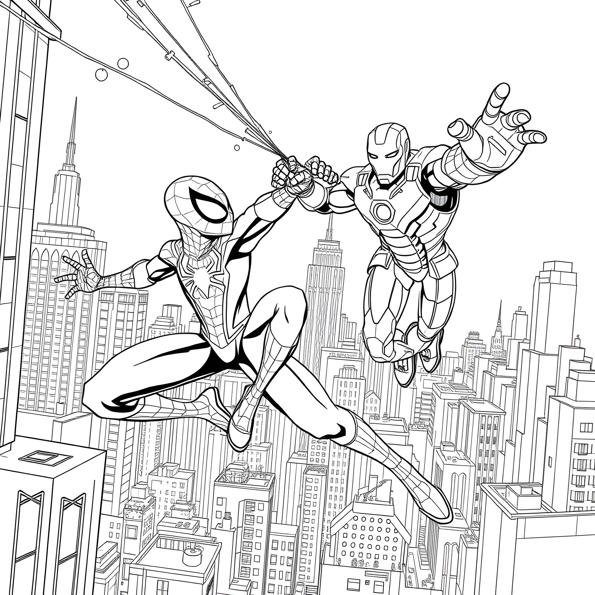 Spiderman battles Iron Man in the city skyline Coloring Page (free black-and-white line drawing printable PDF for all, from beginners to advanced learners, including children, teens, adults, and seniors)