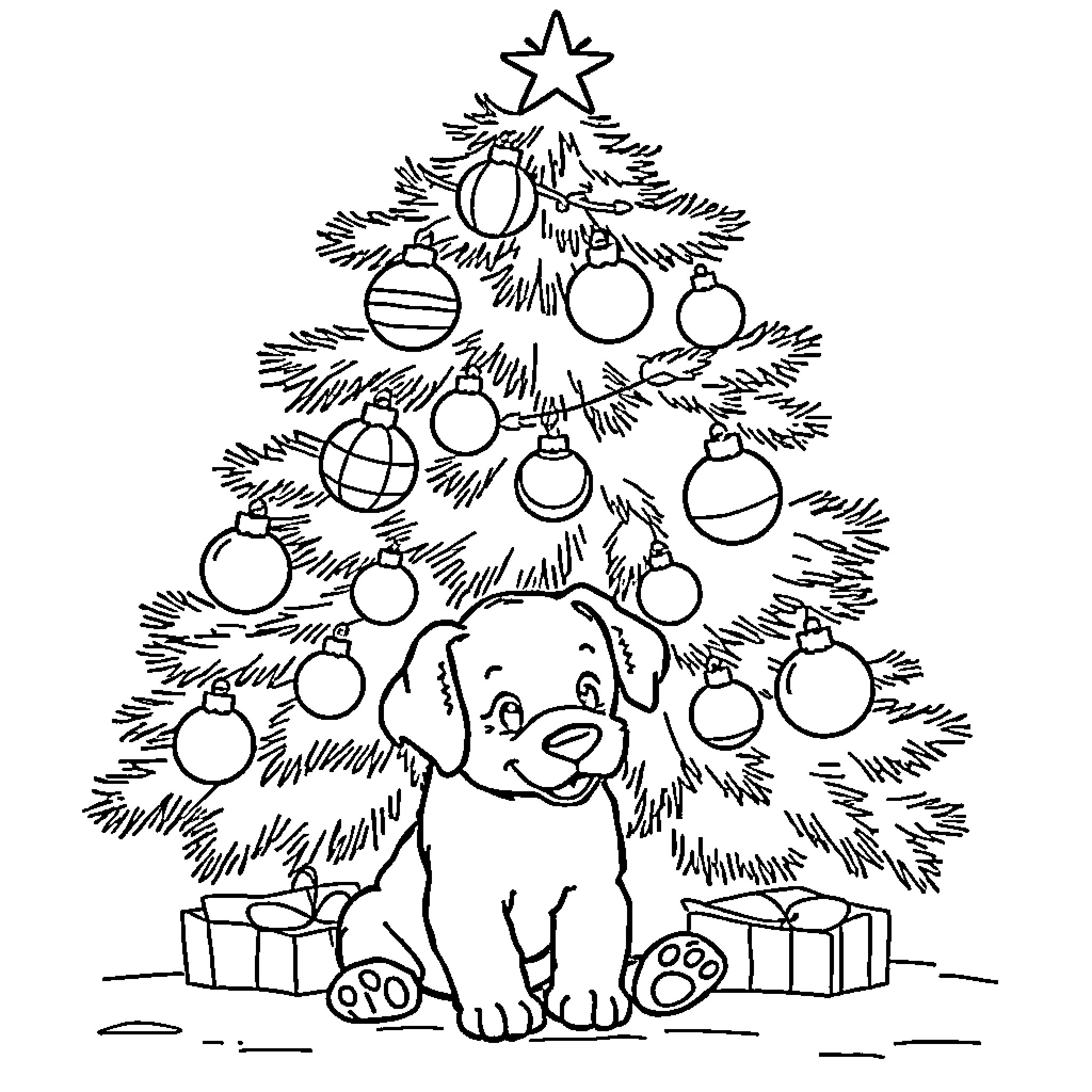 Christmas Tree with Playful Puppy and Presents Coloring Page (free black-and-white line drawing printable PDF for all, from beginners to advanced learners, including children, teens, adults, and seniors)