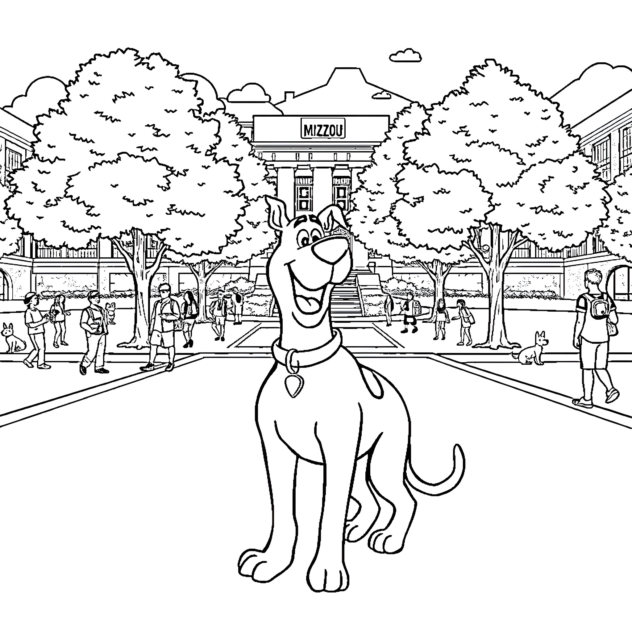 Scooby Doo enjoying a day out in the town Coloring Page (free black-and-white line drawing printable PDF for all, from beginners to advanced learners, including children, teens, adults, and seniors)