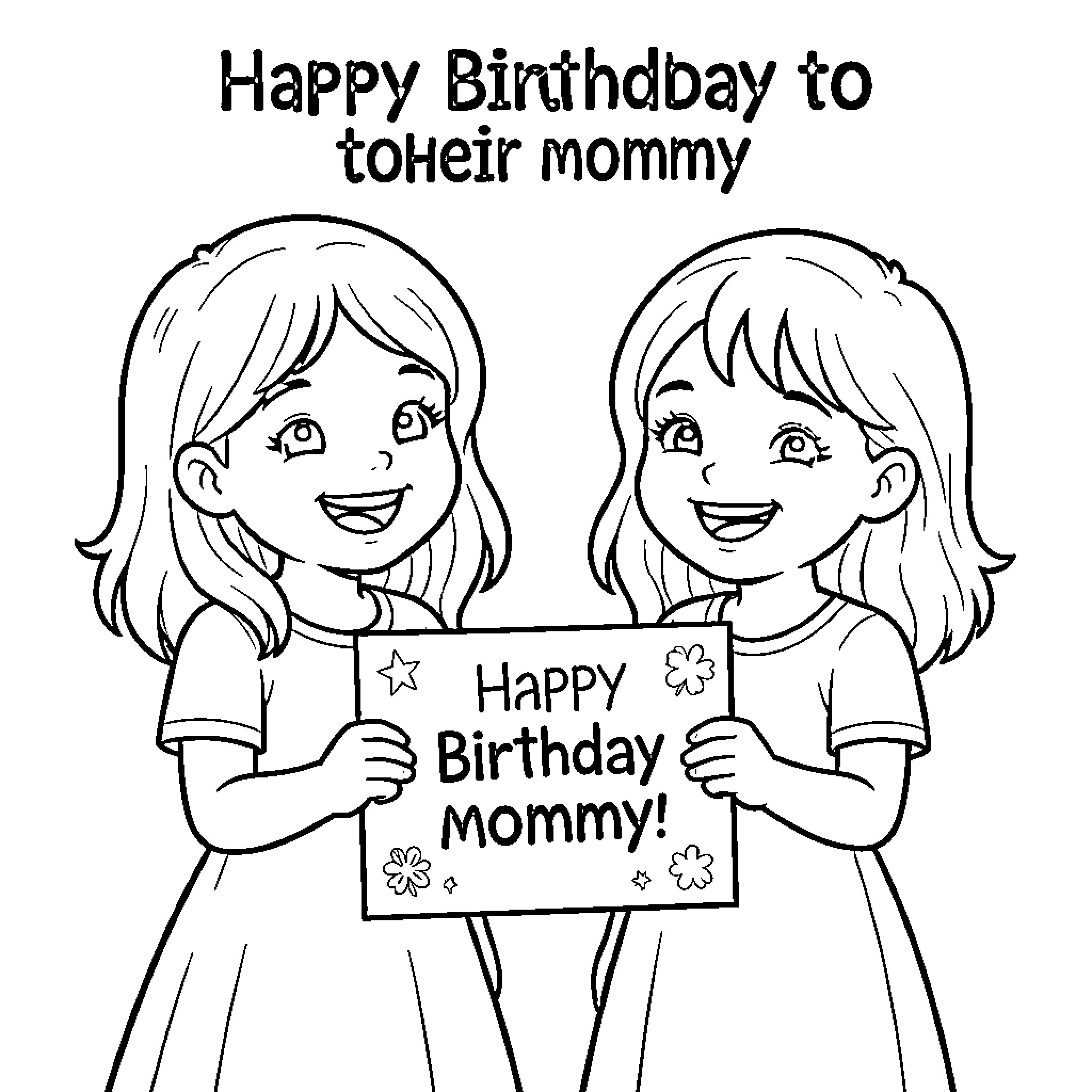 Mommy birthday celebration with two smiling daughters Coloring Page (free black-and-white line drawing printable PDF for all, from beginners to advanced learners, including children, teens, adults, and seniors)