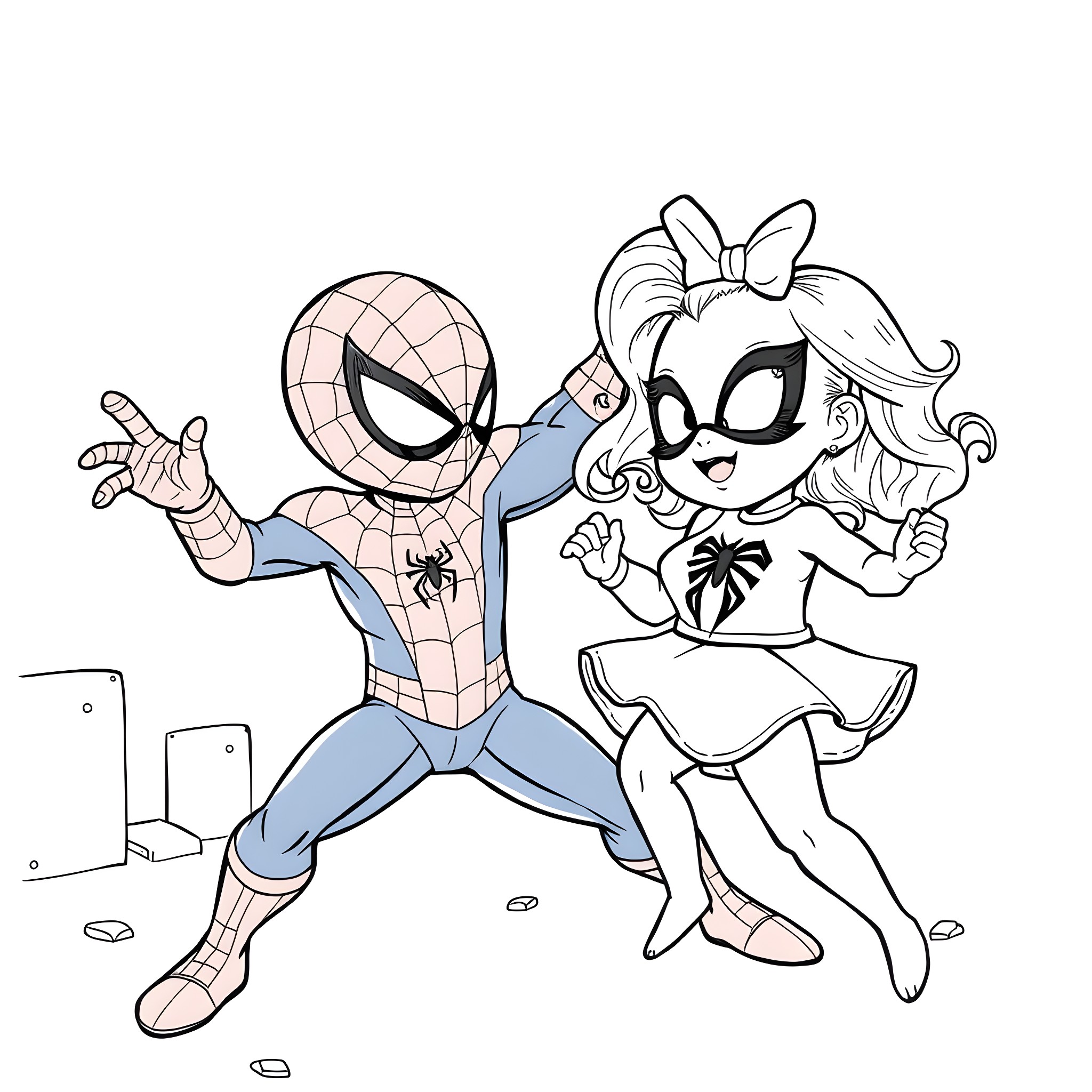 Baby Spice and Spider-Man playing together Coloring Page (free black-and-white line drawing printable PDF for all, from beginners to advanced learners, including children, teens, adults, and seniors)