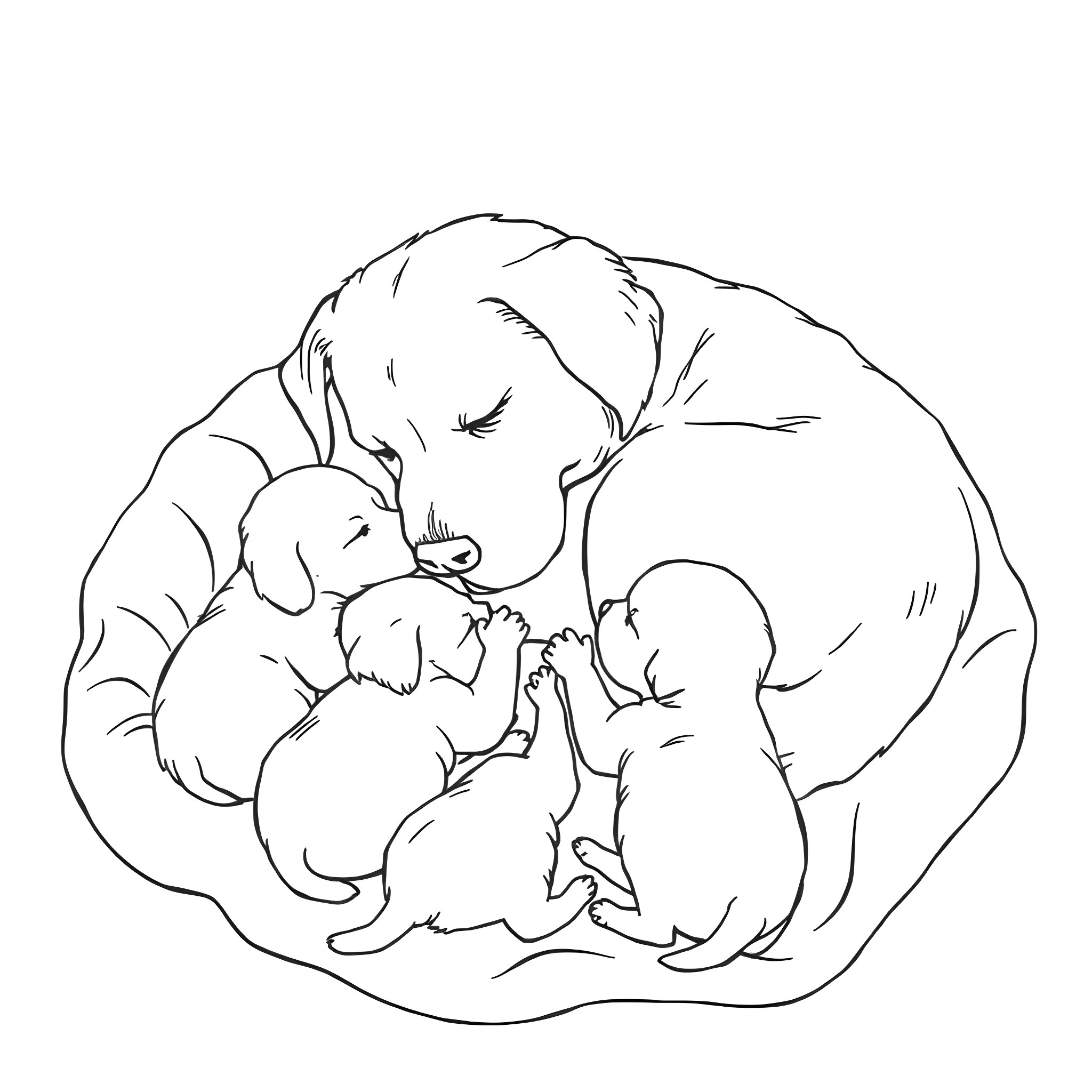 Dog cuddling her puppies in a cozy nest Coloring Page (free black-and-white line drawing printable PDF for all, from beginners to advanced learners, including children, teens, adults, and seniors)