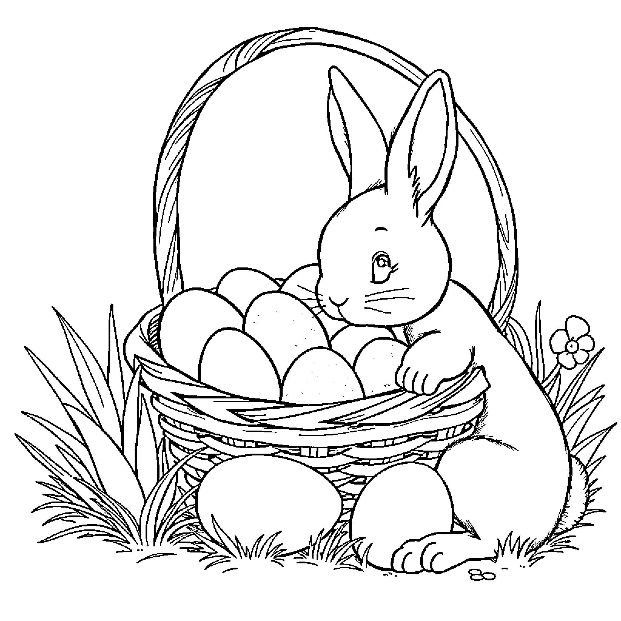 Easter Bunny guarding a basket of eggs Coloring Page (free black-and-white line drawing printable PDF for all, from beginners to advanced learners, including children, teens, adults, and seniors)