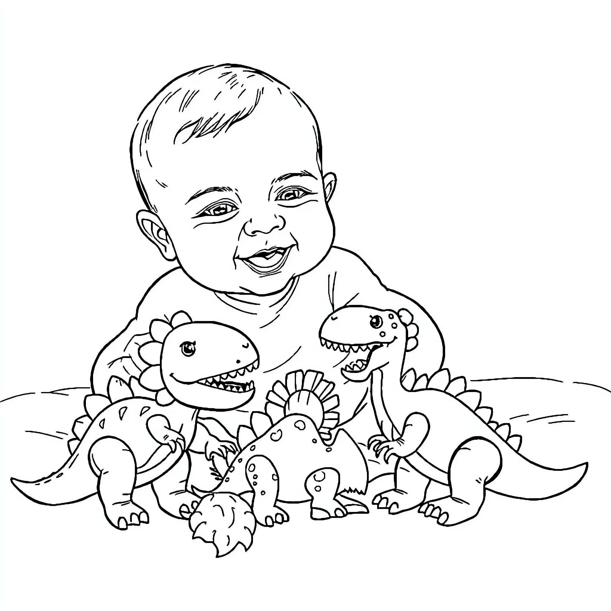 Baby playing with toy dinosaurs Coloring Page (free black-and-white line drawing printable PDF for all, from beginners to advanced learners, including children, teens, adults, and seniors)
