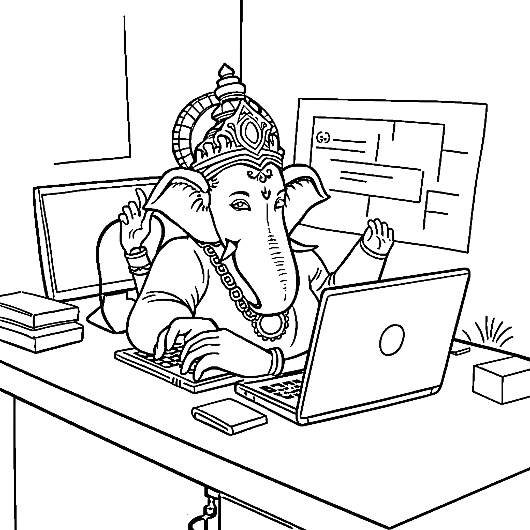 Ganesha Using Technology in the Office Coloring Page (free black-and-white line drawing printable PDF for all, from beginners to advanced learners, including children, teens, adults, and seniors)