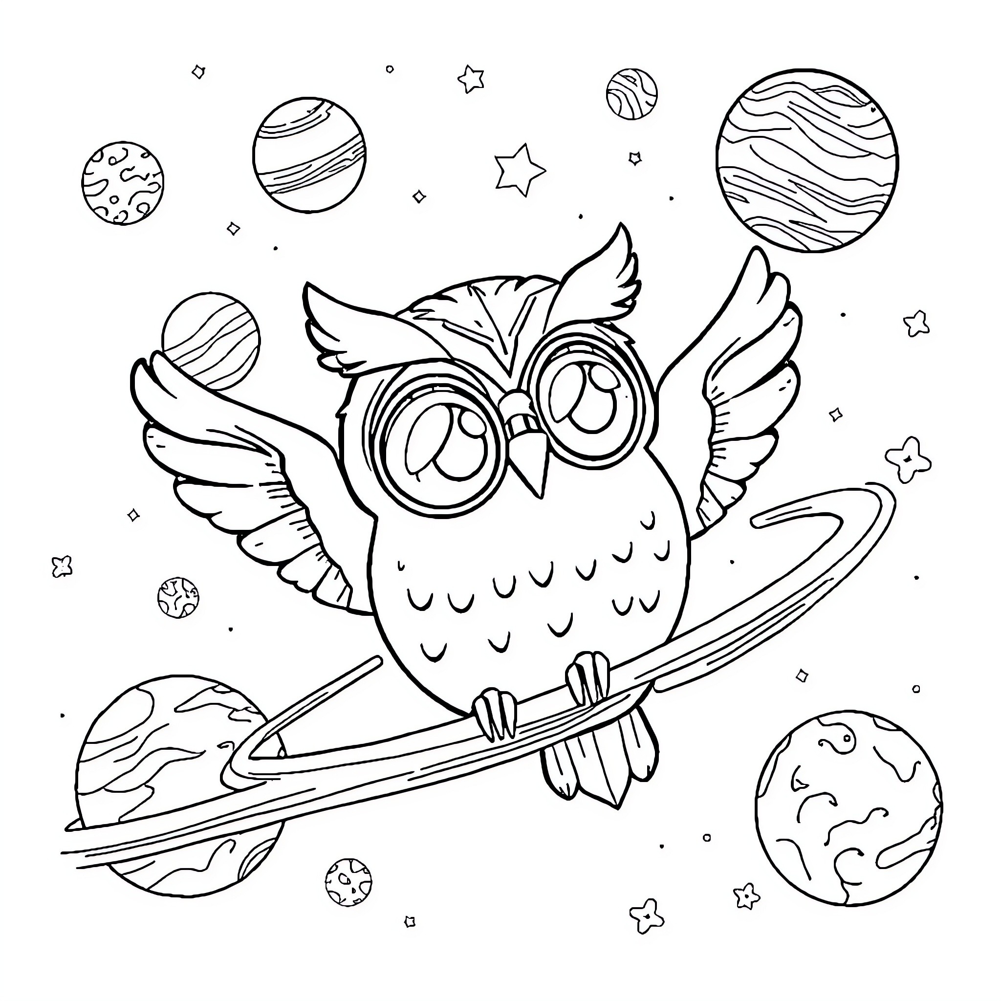 Búho soñando entre planetas y estrellas Coloring Page (free black-and-white line drawing printable PDF for all, from beginners to advanced learners, including children, teens, adults, and seniors)