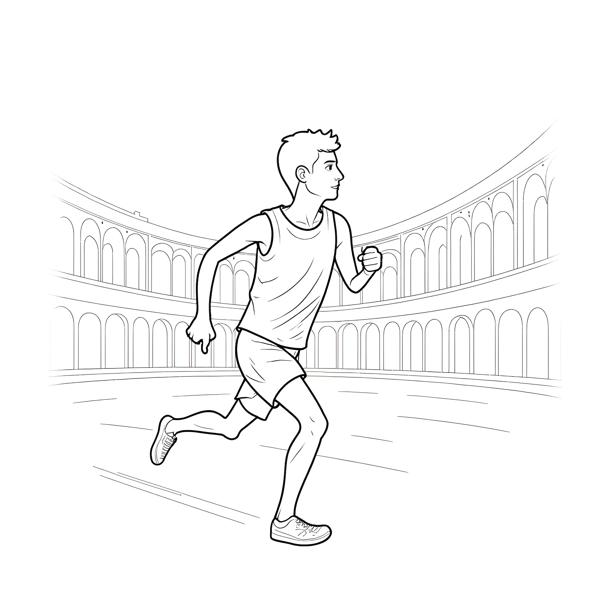 Runner racing through an ancient arena Coloring Page (free black-and-white line drawing printable PDF for all, from beginners to advanced learners, including children, teens, adults, and seniors)