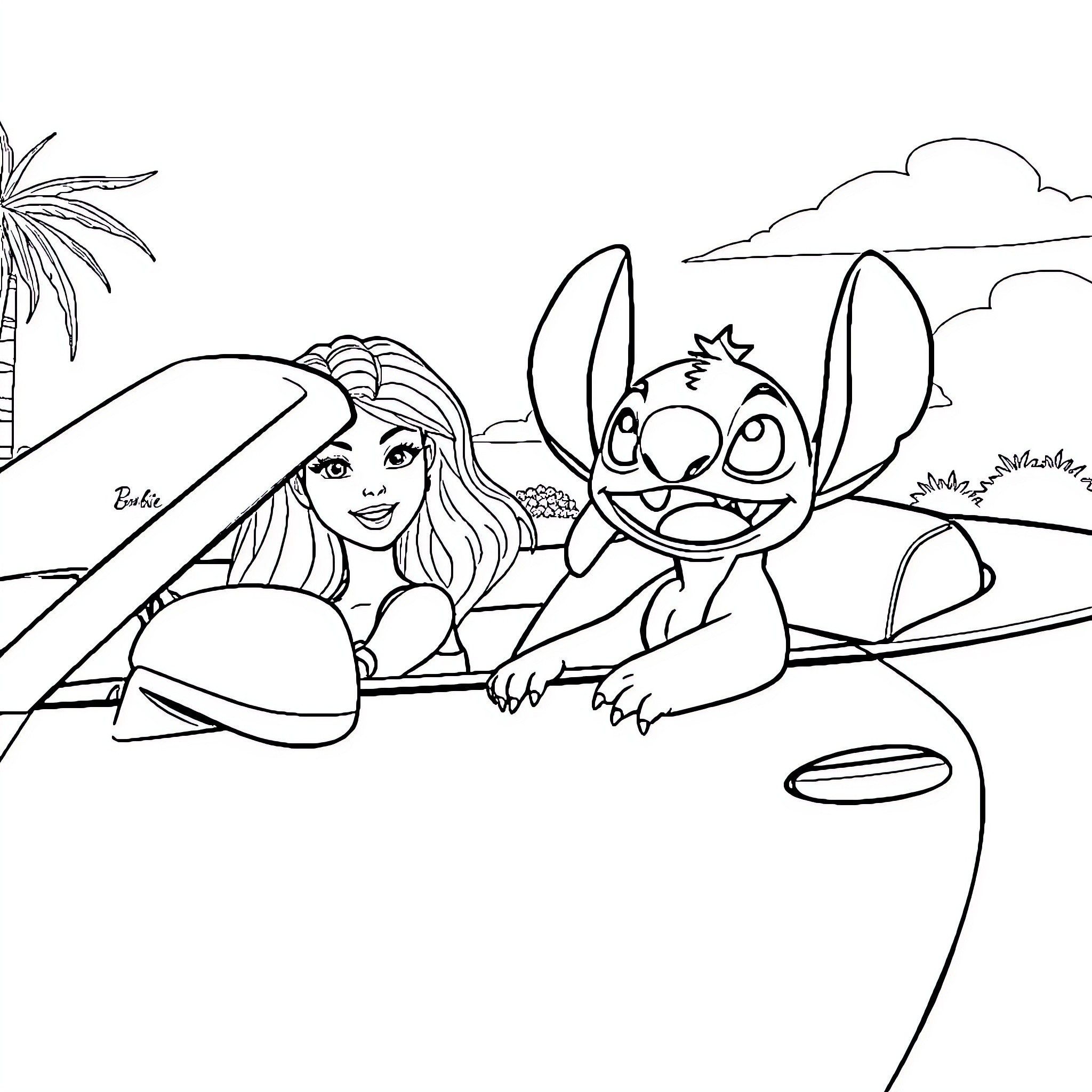 Stitch and companion enjoy beach adventures Coloring Page (free black-and-white line drawing printable PDF for all, from beginners to advanced learners, including children, teens, adults, and seniors)
