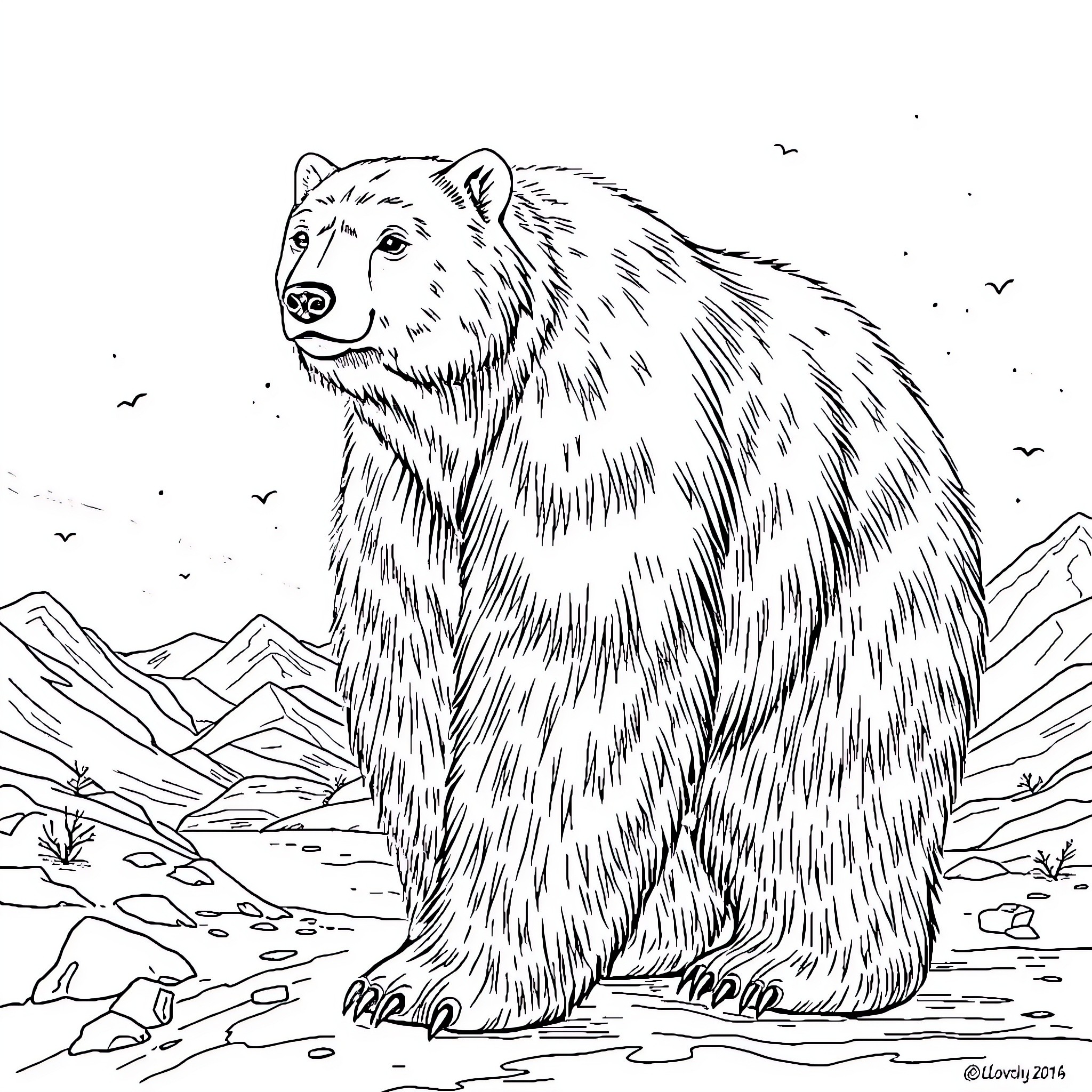 Polar Bear Exploring Scenic Mountain Landscape Coloring Page (free black-and-white line drawing printable PDF for all, from beginners to advanced learners, including children, teens, adults, and seniors)