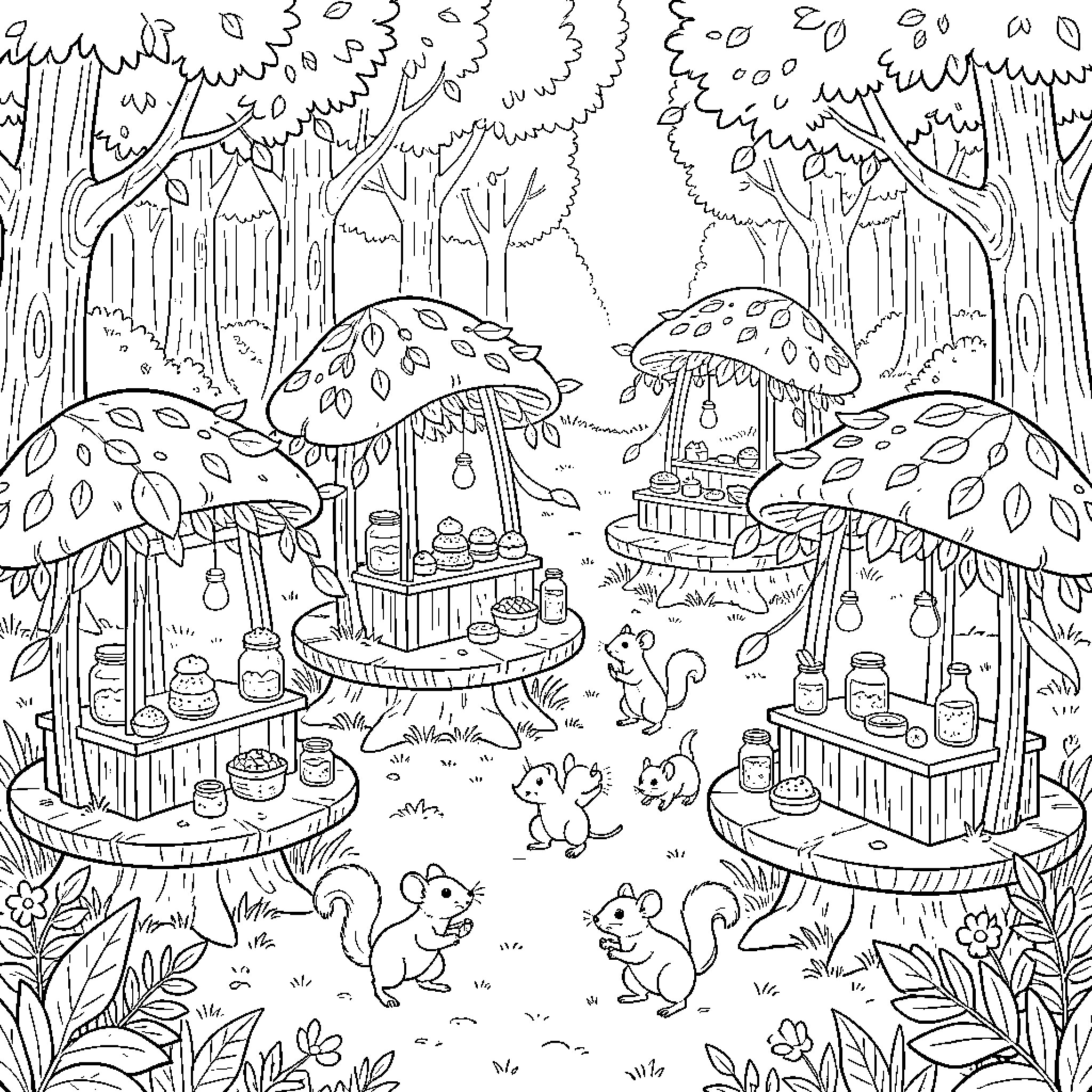 Fairy mushroom stalls in a magical forest scene Coloring Page (free black-and-white line drawing printable PDF for all, from beginners to advanced learners, including children, teens, adults, and seniors)
