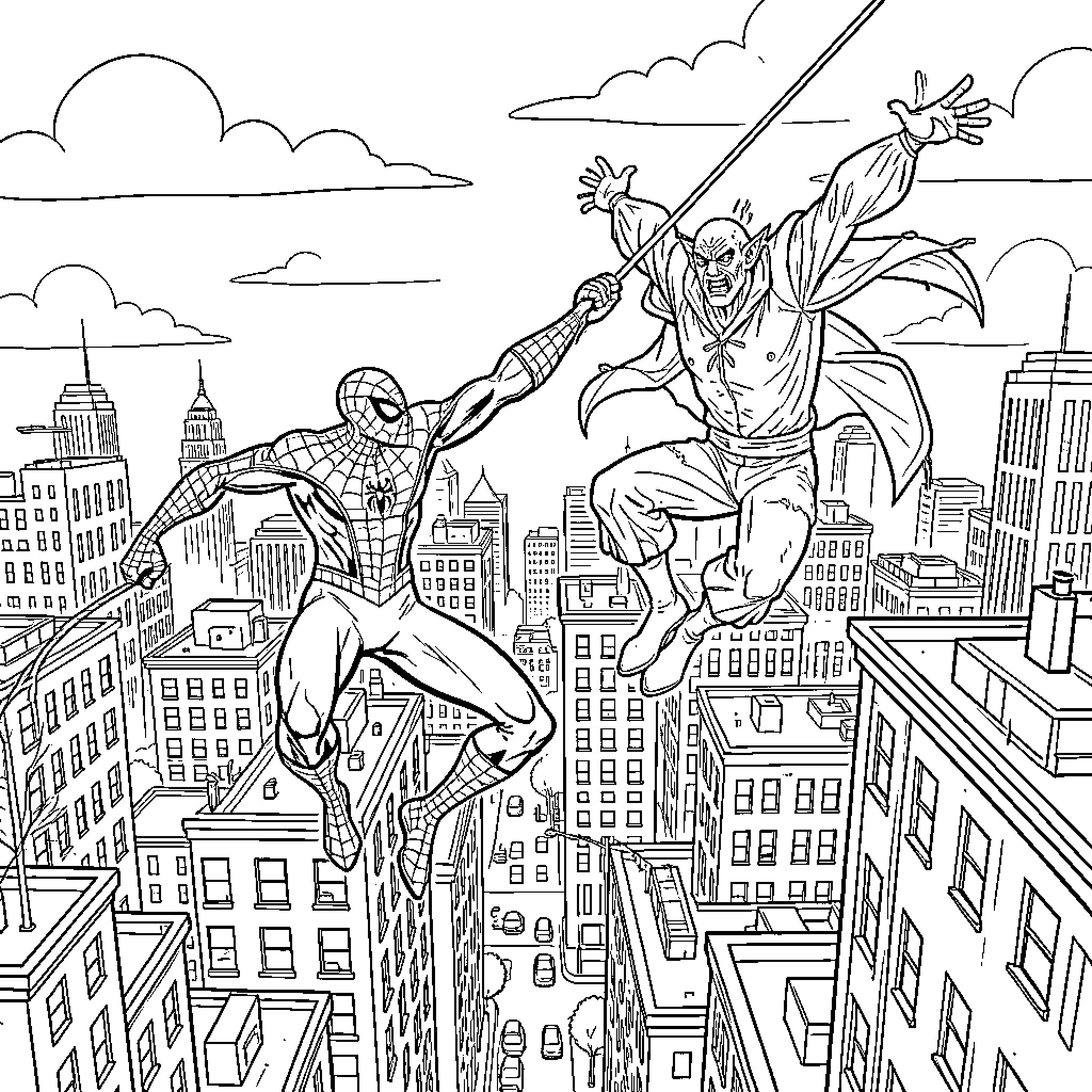 Spiderman heroically battles a formidable foe in the city skyline Coloring Page (free black-and-white line drawing printable PDF for all, from beginners to advanced learners, including children, teens, adults, and seniors)