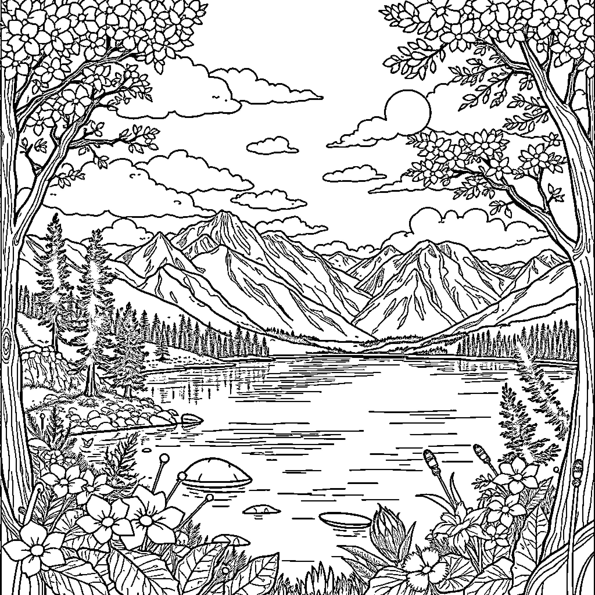 Nature's Enchanting Landscape with Mountains and Lake Coloring Page (free black-and-white line drawing printable PDF for all, from beginners to advanced learners, including children, teens, adults, and seniors)