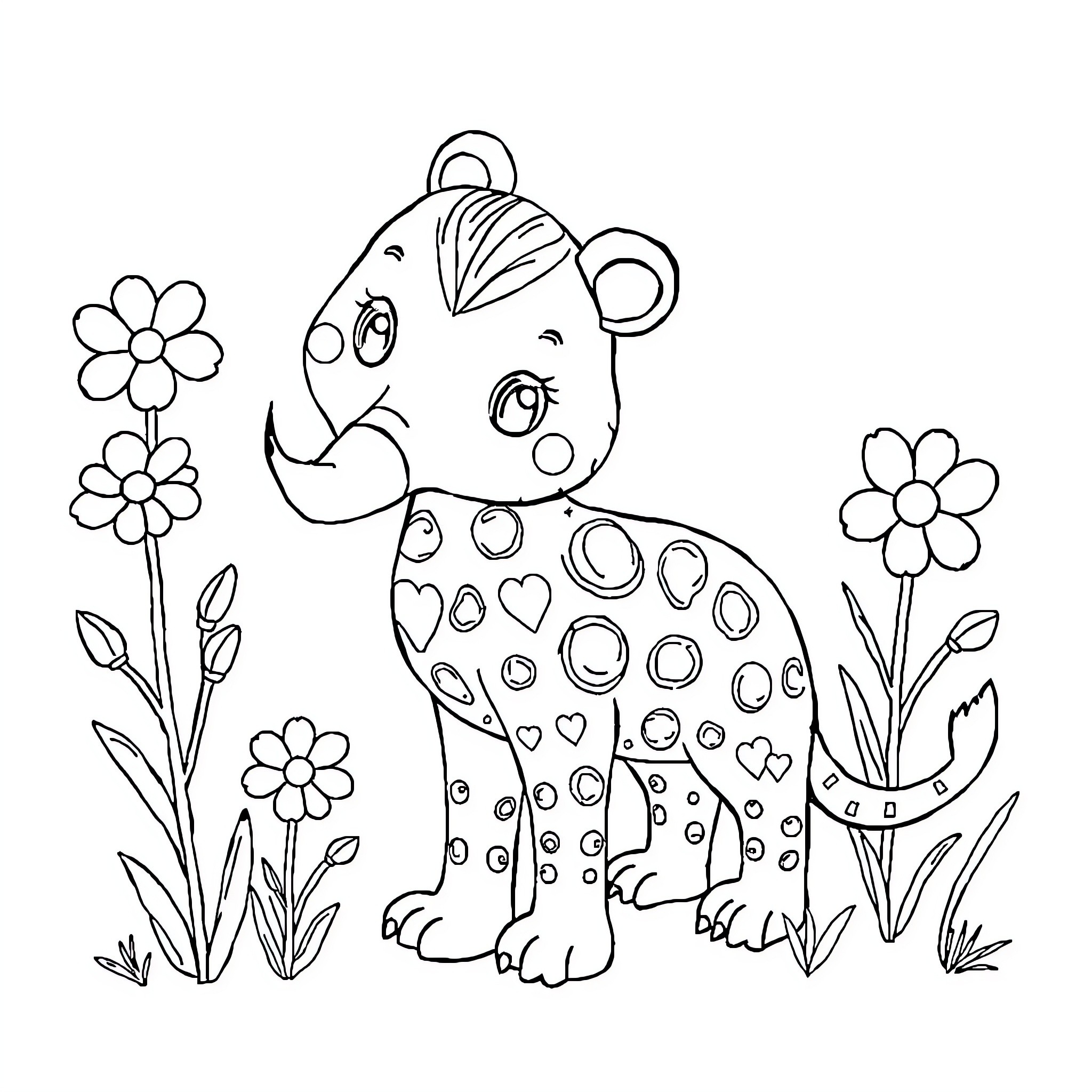School Bag Adorned with Whimsical Animal in Floral Meadow Coloring Page (free black-and-white line drawing printable PDF for all, from beginners to advanced learners, including children, teens, adults, and seniors)