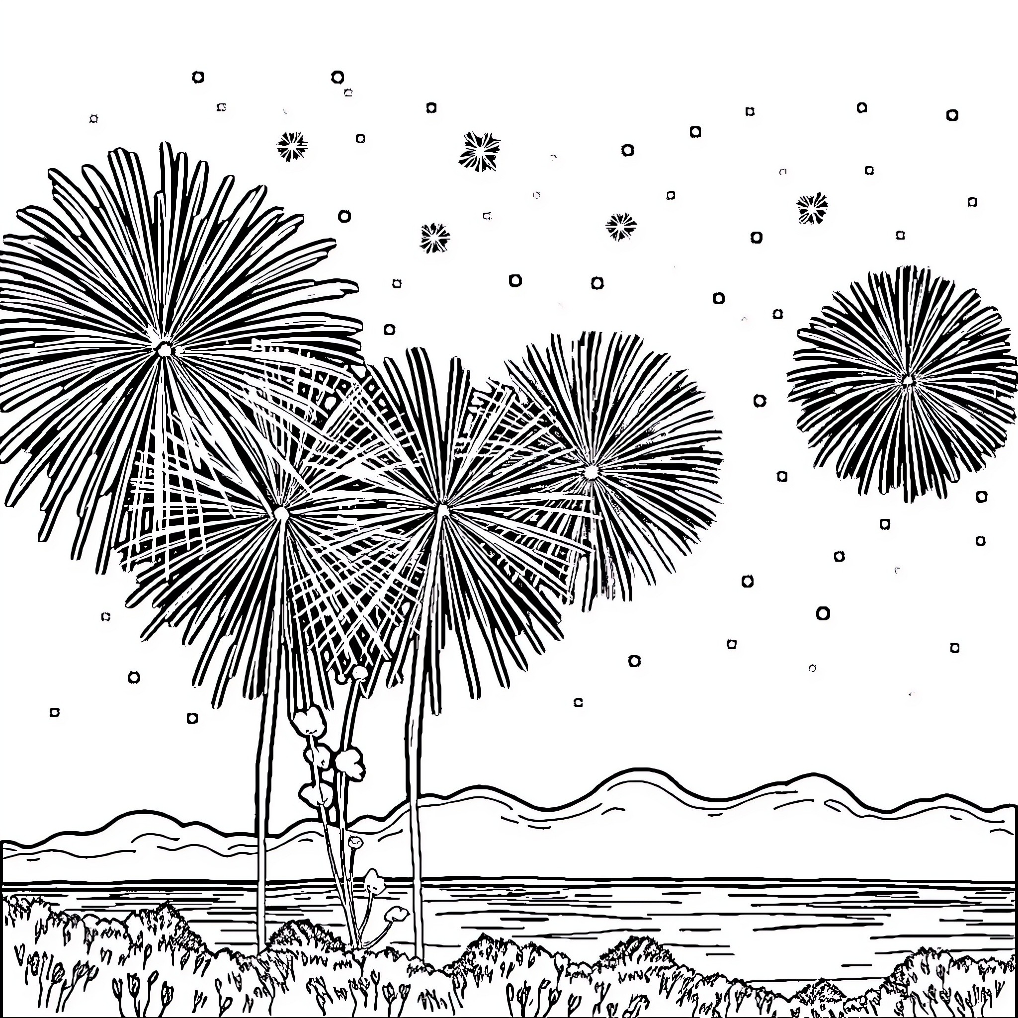 Firework display over a serene landscape Coloring Page (free black-and-white line drawing printable PDF for all, from beginners to advanced learners, including children, teens, adults, and seniors)