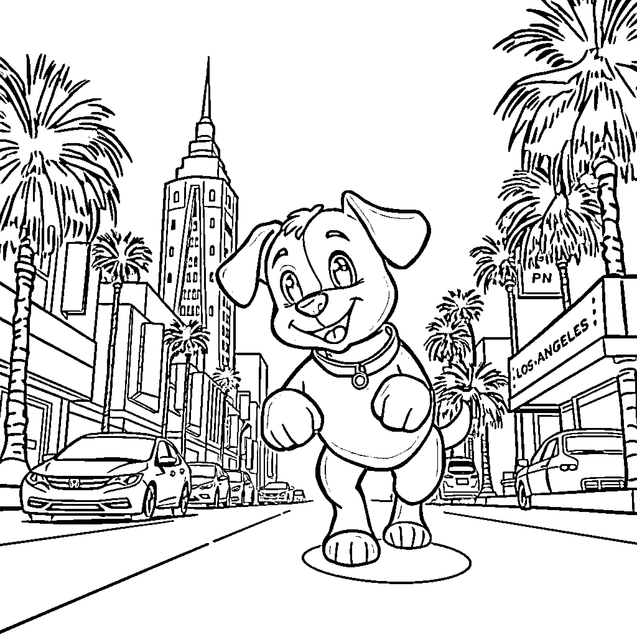Bluey explores the bustling city of Los Angeles Coloring Page (free black-and-white line drawing printable PDF for all, from beginners to advanced learners, including children, teens, adults, and seniors)