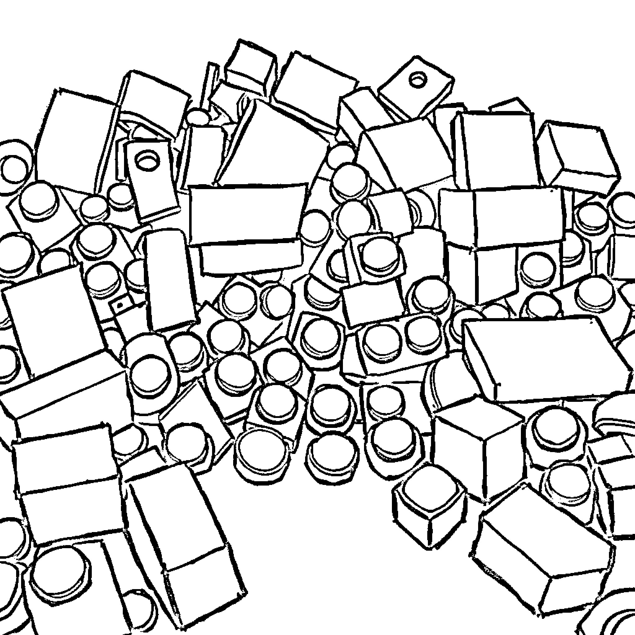 Lego bricks in a jumbled arrangement Coloring Page (free black-and-white line drawing printable PDF for all, from beginners to advanced learners, including children, teens, adults, and seniors)