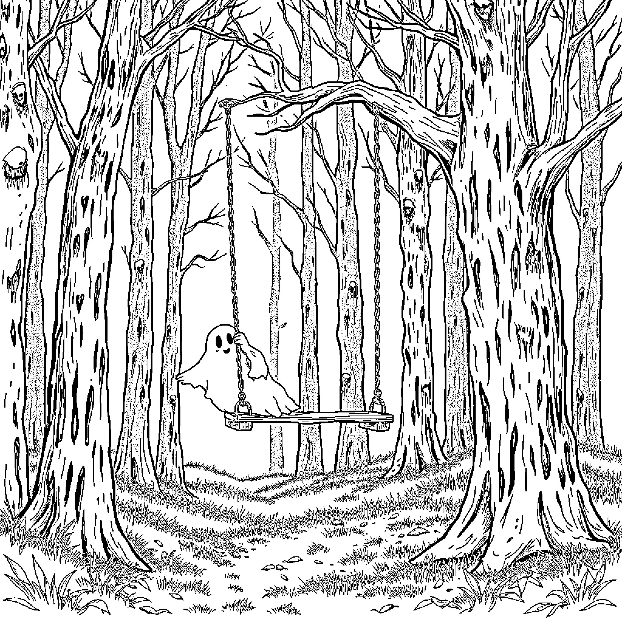 Ghost of a spirit swinging on a branch in the woods Coloring Page (free black-and-white line drawing printable PDF for all, from beginners to advanced learners, including children, teens, adults, and seniors)