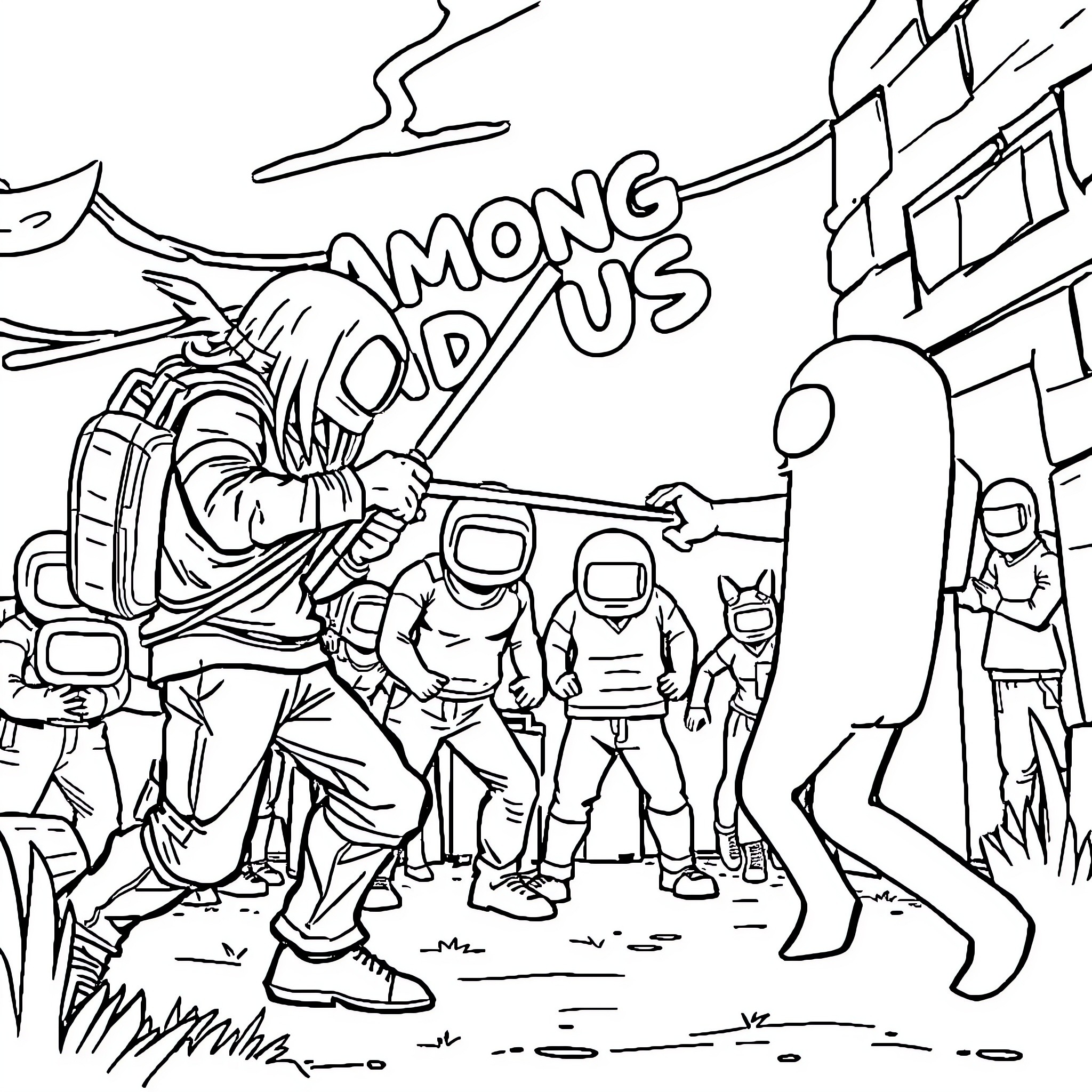 Among Us Impostor Revealed in Space Station Coloring Page (free black-and-white line drawing printable PDF for all, from beginners to advanced learners, including children, teens, adults, and seniors)