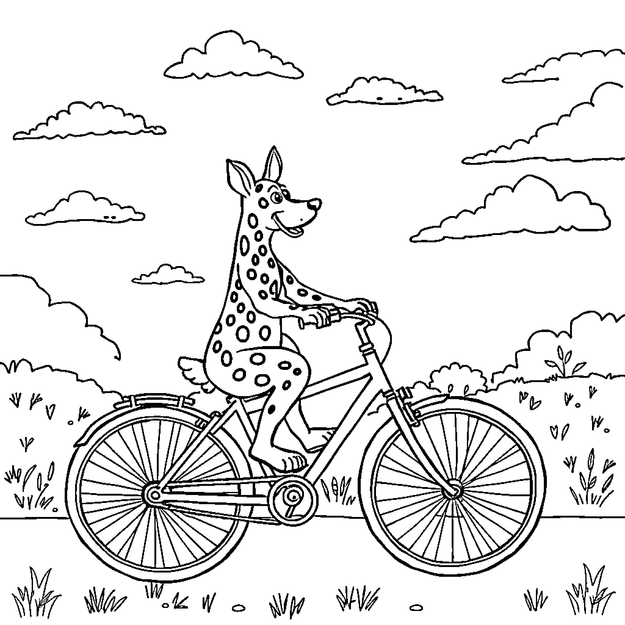 Paw Patrol character riding a bicycle in the park Coloring Page (free black-and-white line drawing printable PDF for all, from beginners to advanced learners, including children, teens, adults, and seniors)