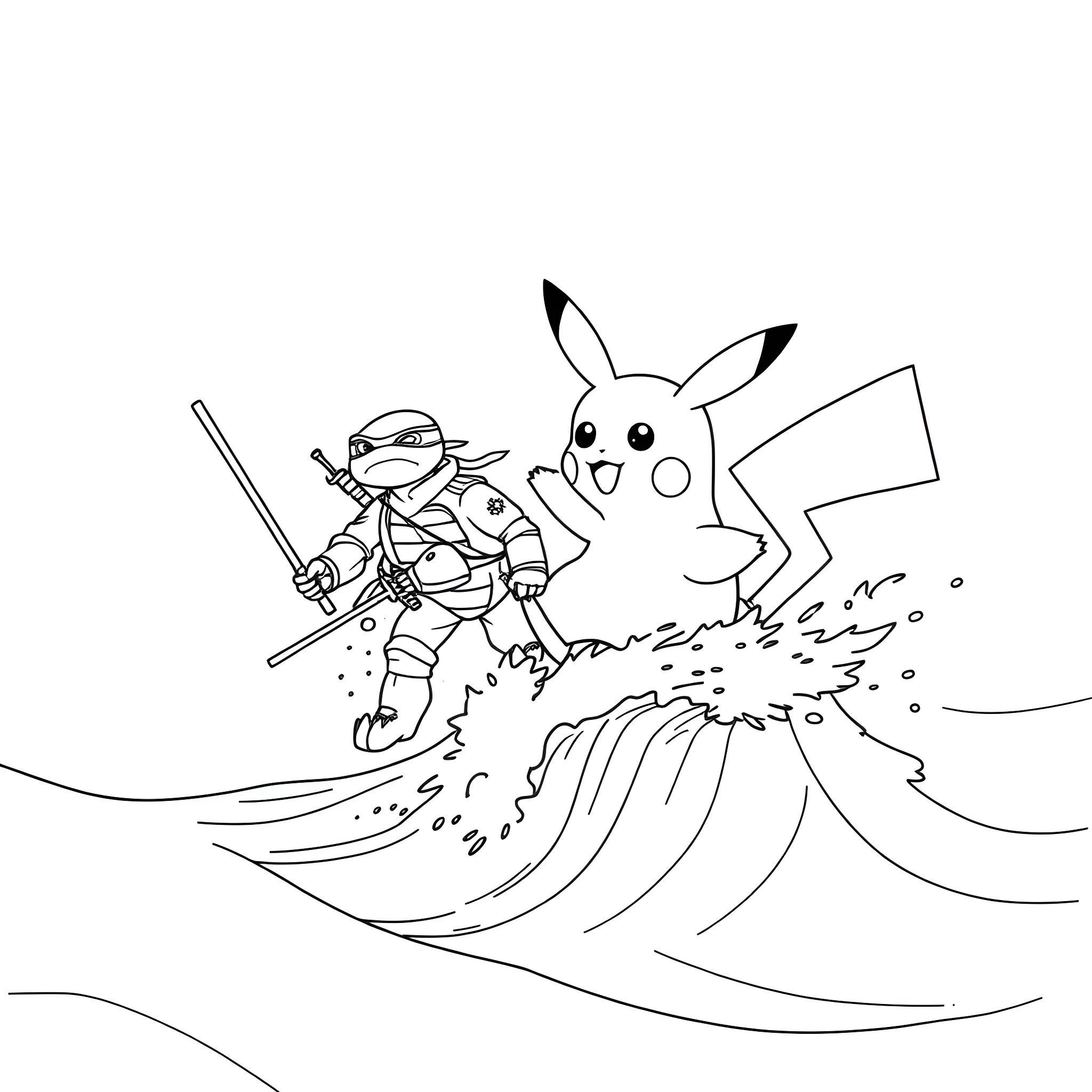 Pikachu and Ninja Turtle surfing the waves Coloring Page (free black-and-white line drawing printable PDF for all, from beginners to advanced learners, including children, teens, adults, and seniors)