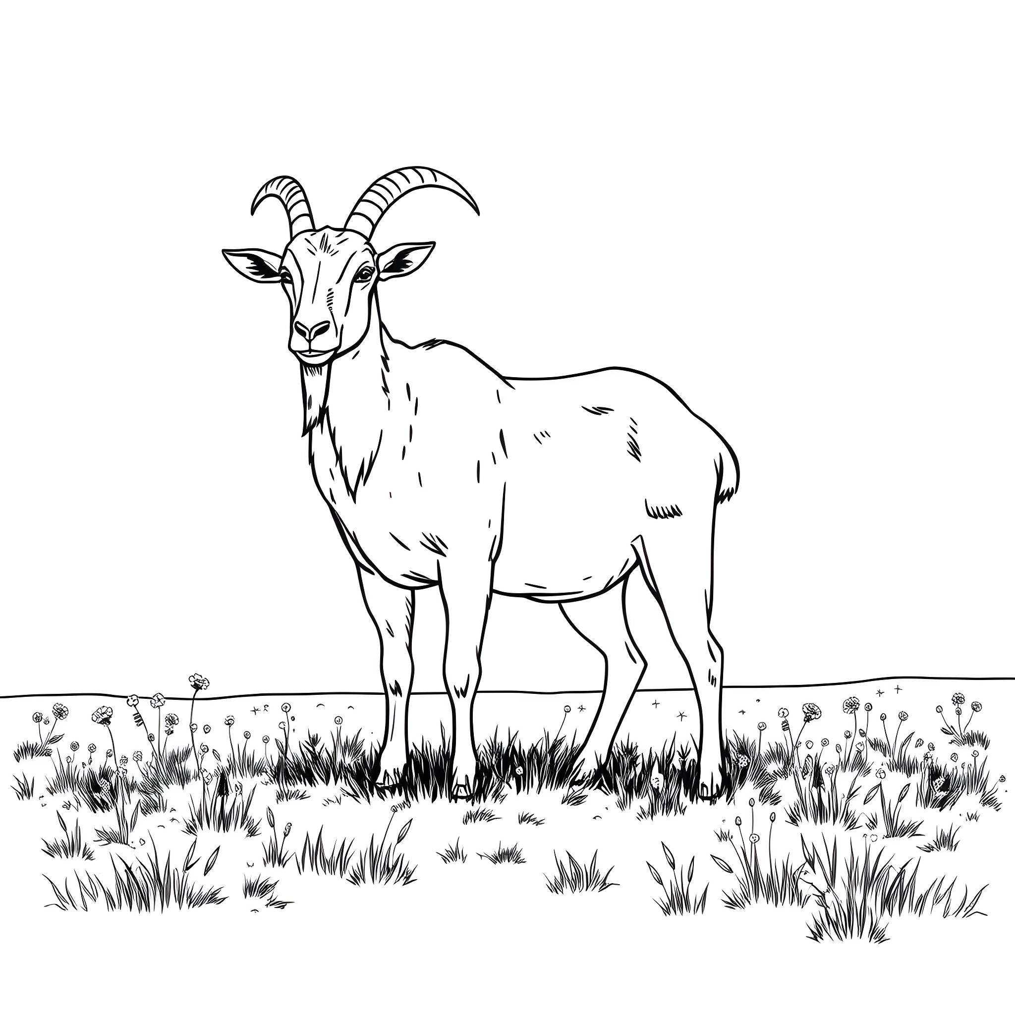 Goat standing in a grassy field Coloring Page (free black-and-white line drawing printable PDF for all, from beginners to advanced learners, including children, teens, adults, and seniors)