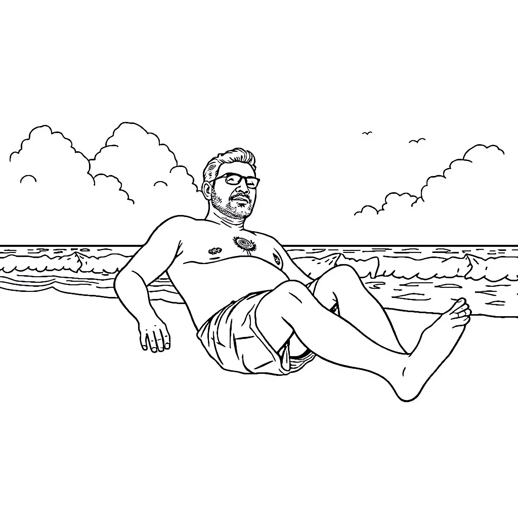 Mahinda Rajapaksha relaxing on the beach Coloring Page (free black-and-white line drawing printable PDF for all, from beginners to advanced learners, including children, teens, adults, and seniors)