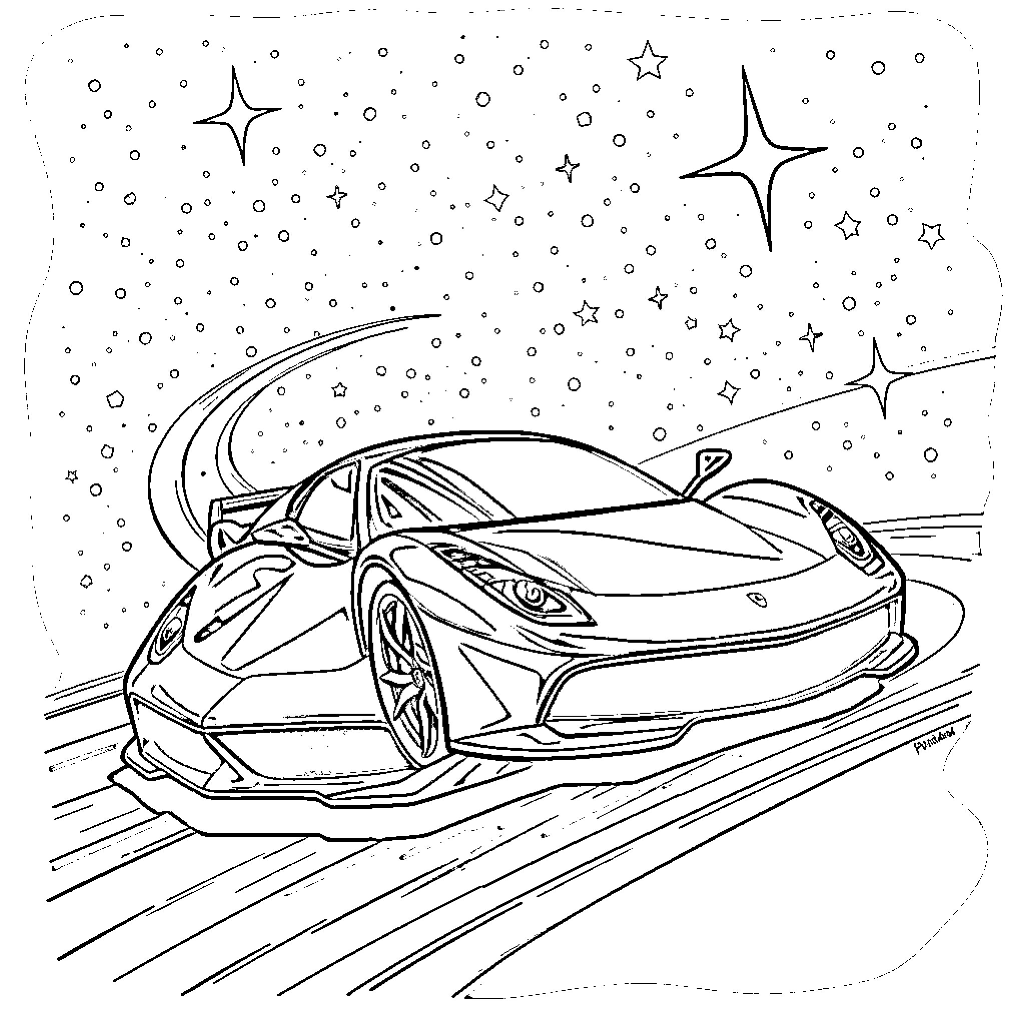Ferrari racing through the starry night Coloring Page (free black-and-white line drawing printable PDF for all, from beginners to advanced learners, including children, teens, adults, and seniors)