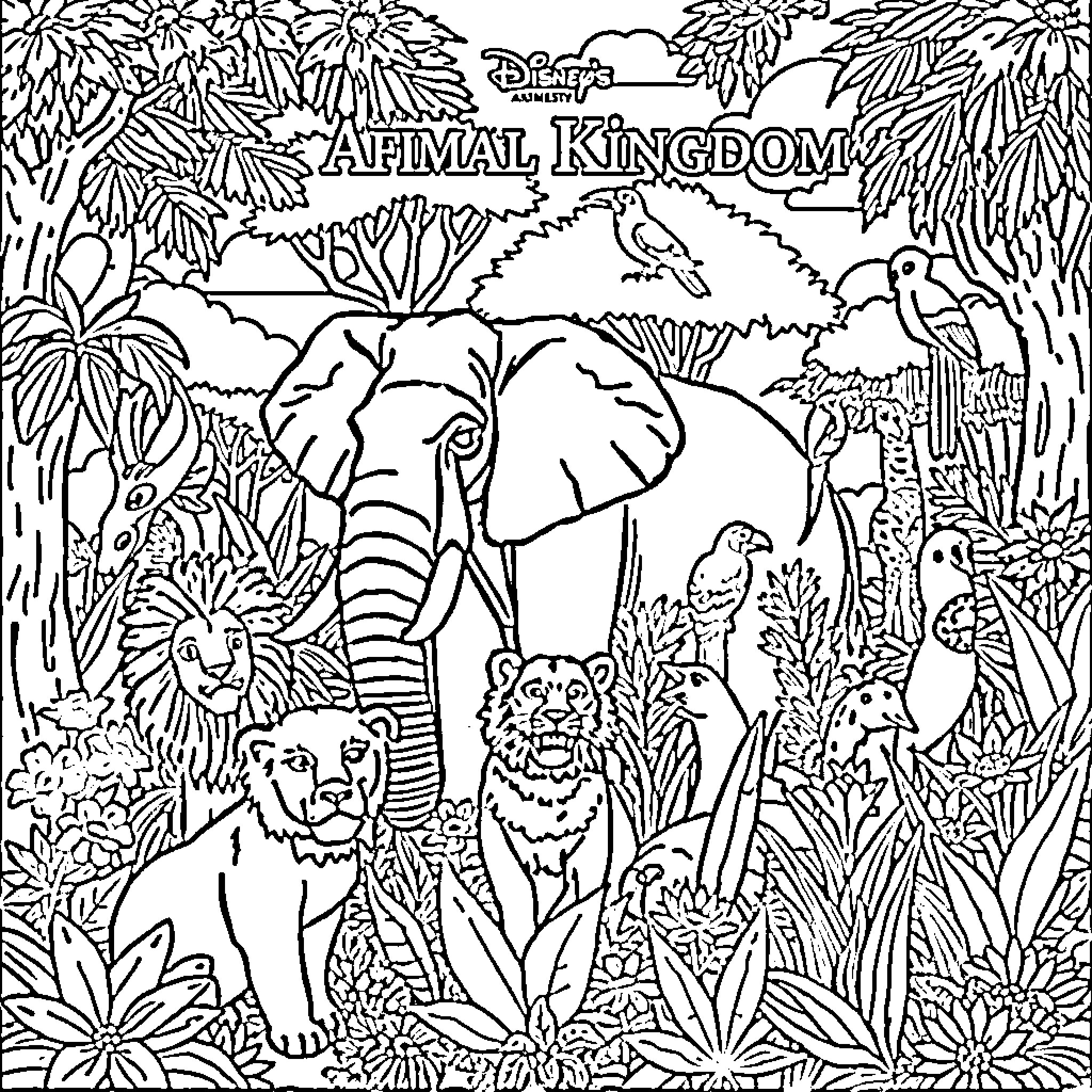 Animal Kingdom Featuring Various Wildlife Coloring Page (free black-and-white line drawing printable PDF for all, from beginners to advanced learners, including children, teens, adults, and seniors)