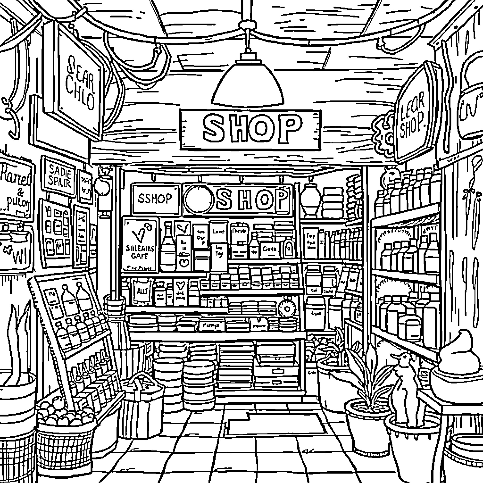 Shop filled with various products and displays Coloring Page (free black-and-white line drawing printable PDF for all, from beginners to advanced learners, including children, teens, adults, and seniors)